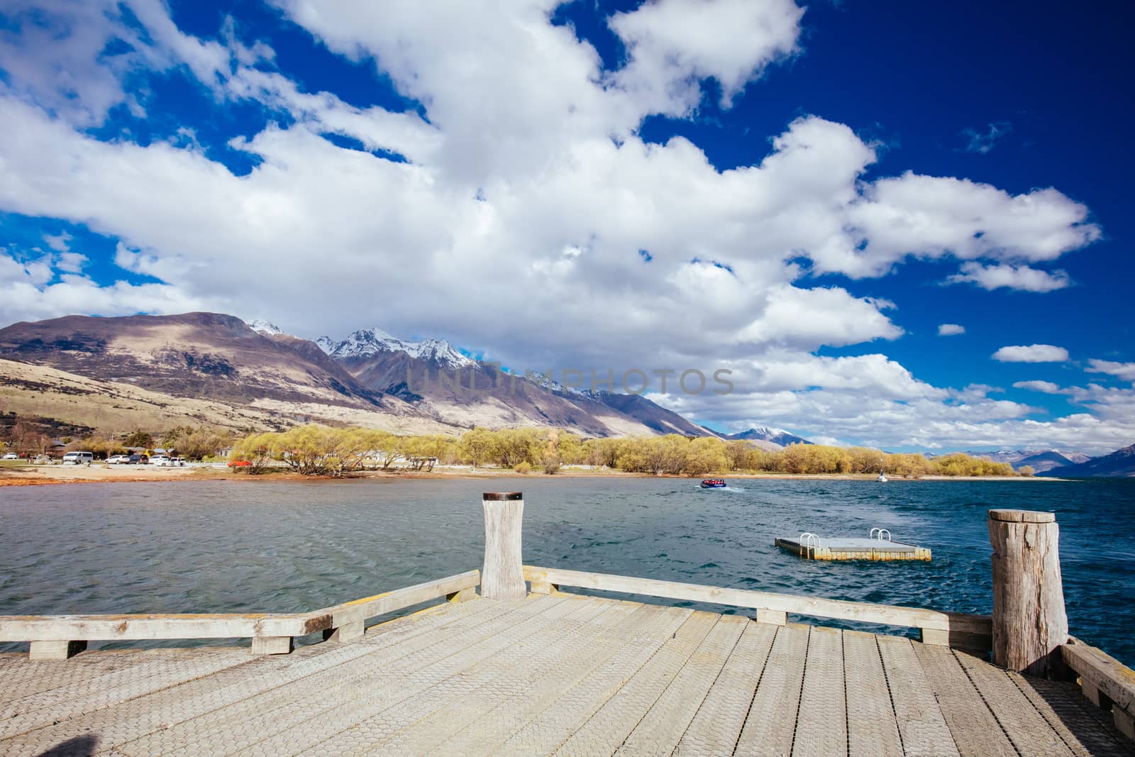 Glenorchy waterfront from the pier on Lake Wakatipu in Otago district of New Zealand