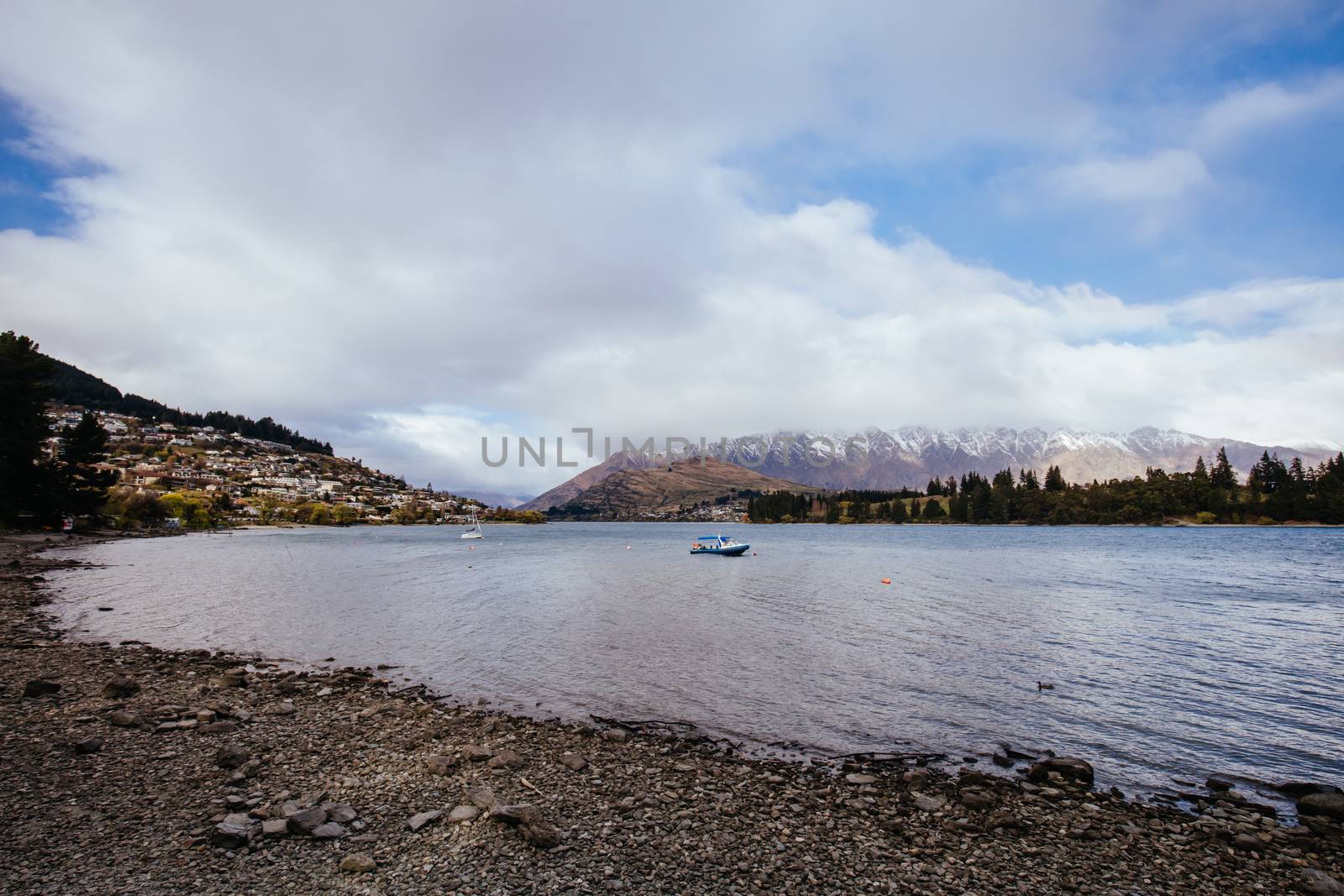 View over Frankton Arm from Queenstown Gardens on a sunny spring day in New Zealand