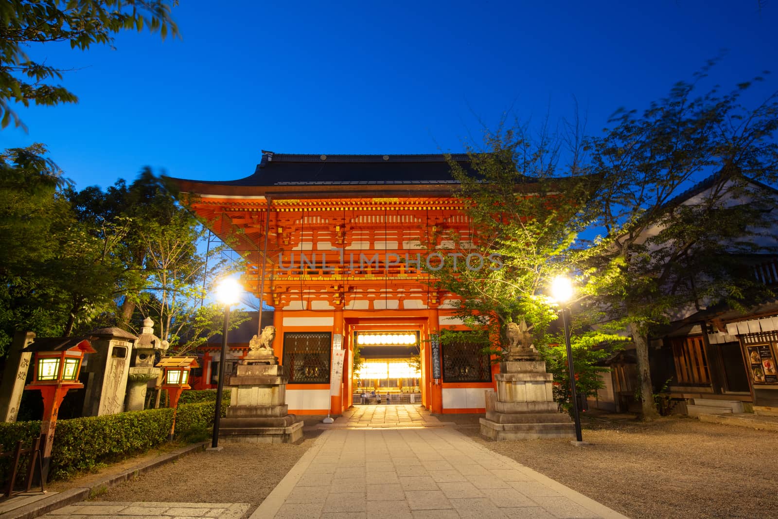 Kyoto, Japan - May 16 2019: Yasaka-Jinja Shrine at Minami-romon Tower Gate in Kyoto, Japan