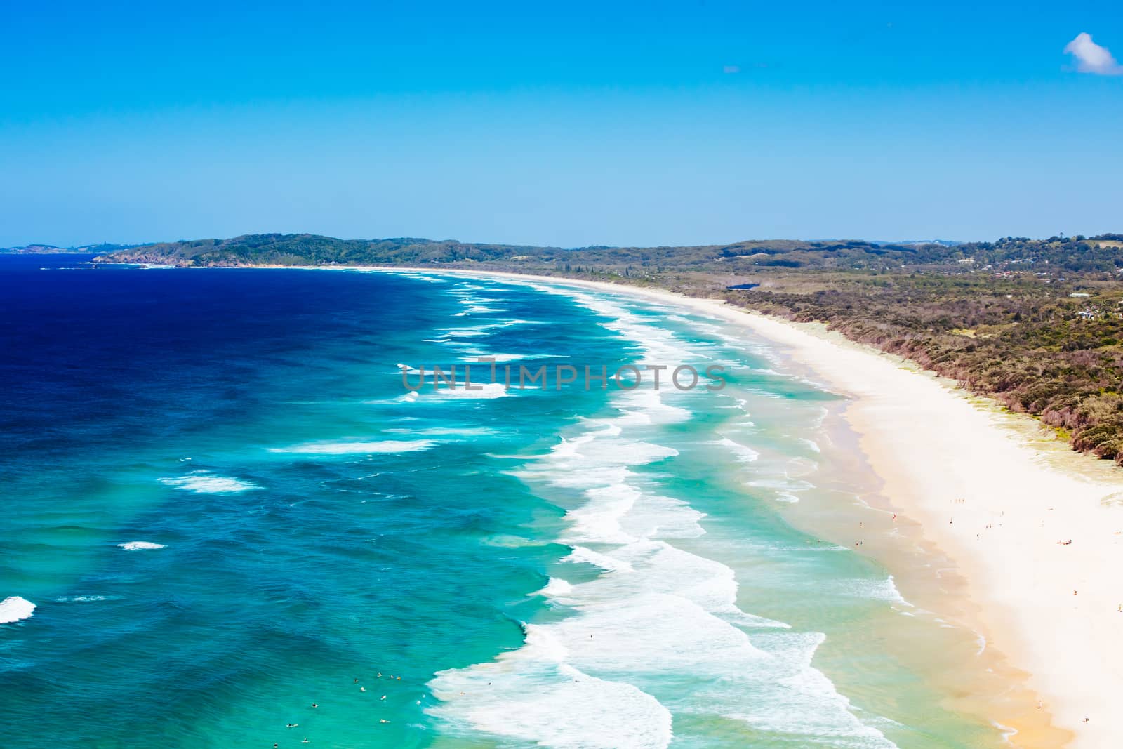 A famous view from Lighthouse Rd over Tallows Beach and Cape Byron in Byron Bay, New South Wales, Australia