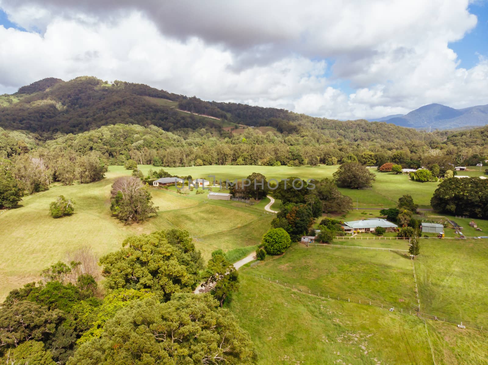 Aerial shot of the landscape around Chillingham in New South Wales, Australia