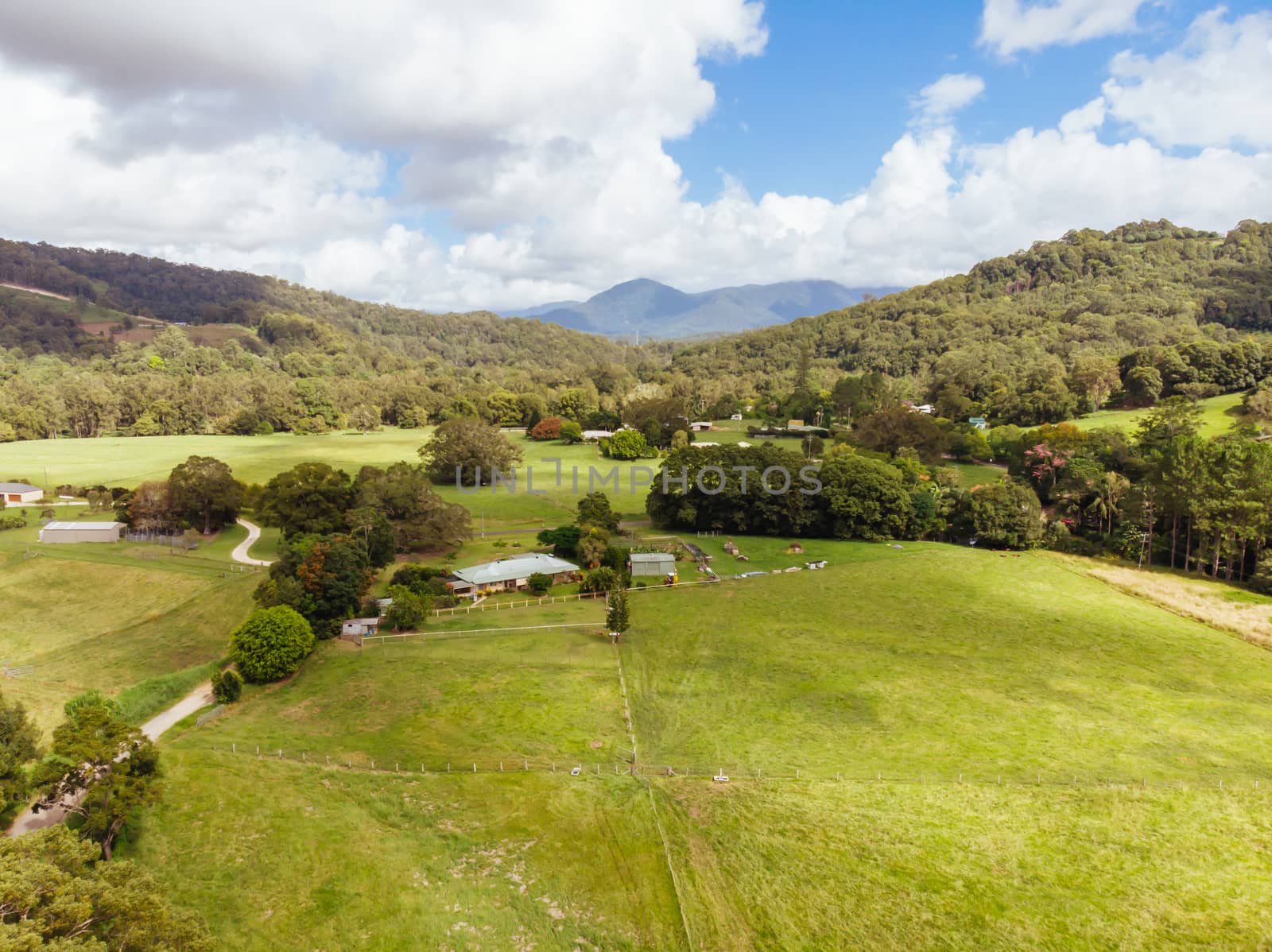 Aerial shot of the landscape around Chillingham in New South Wales, Australia