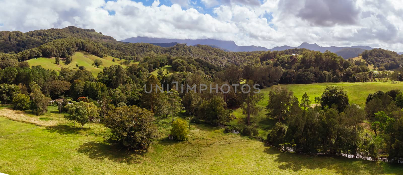 Aerial shot of the landscape around Chillingham in New South Wales, Australia