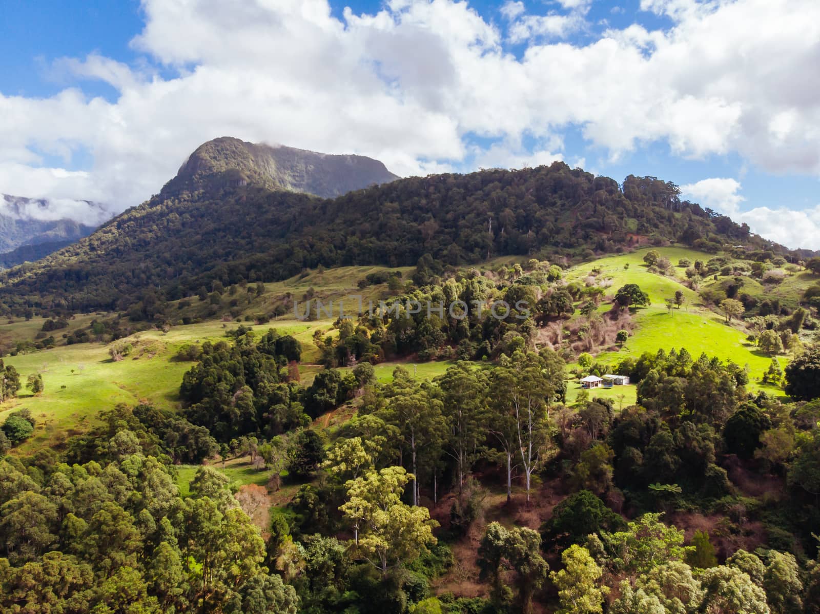 Aerial shot of the landscape around Numinbah in New South Wales, Australia