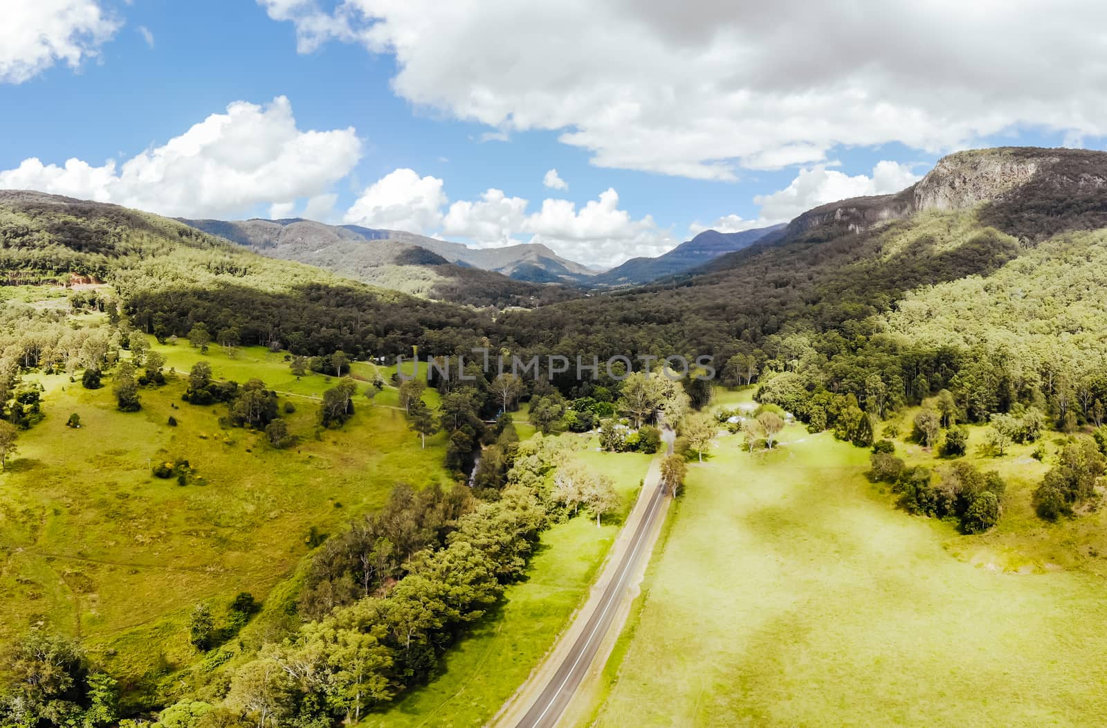 Aerial shot of the landscape around Numinbah in New South Wales, Australia