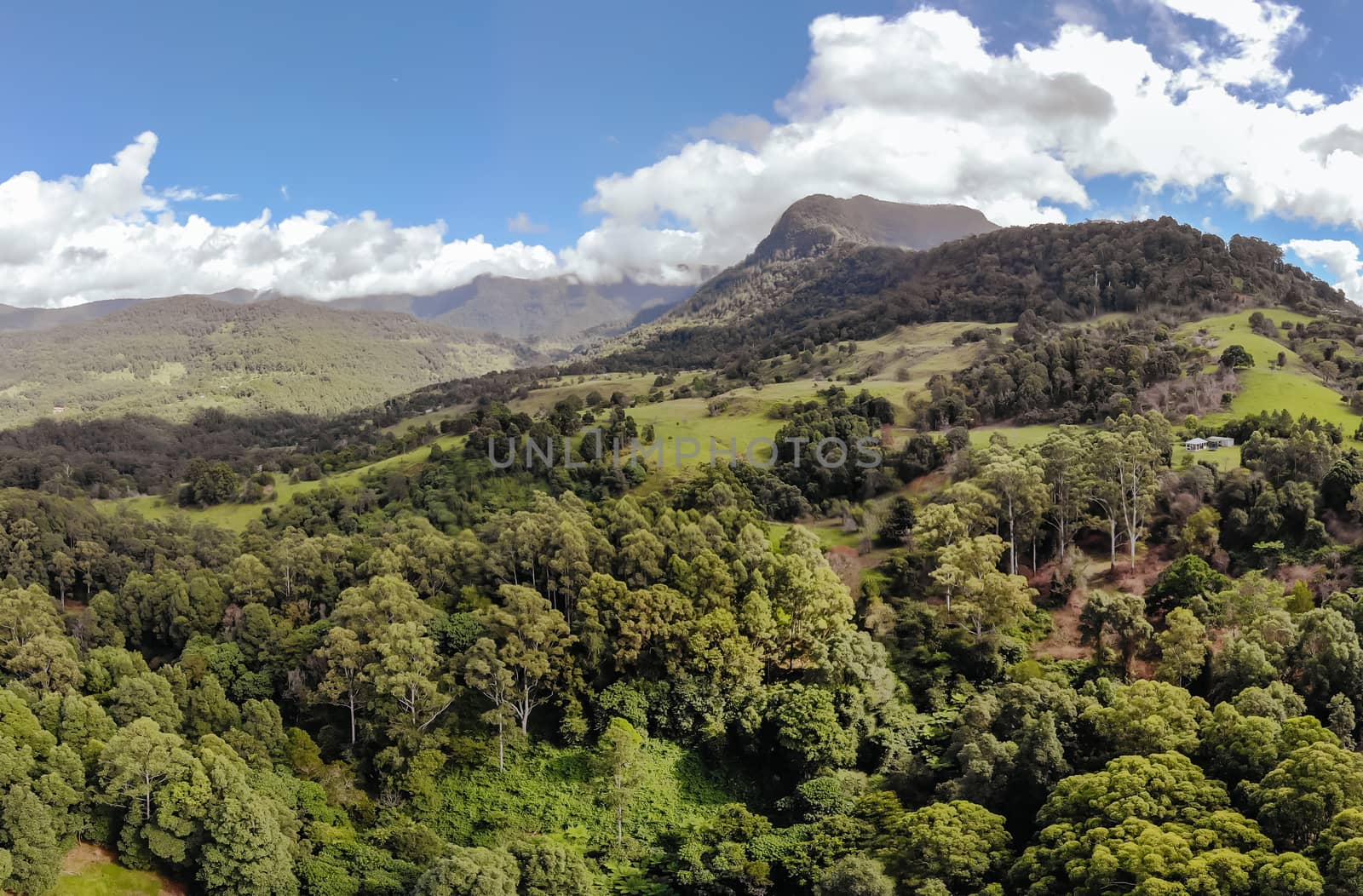 Aerial shot of the landscape around Numinbah in New South Wales, Australia