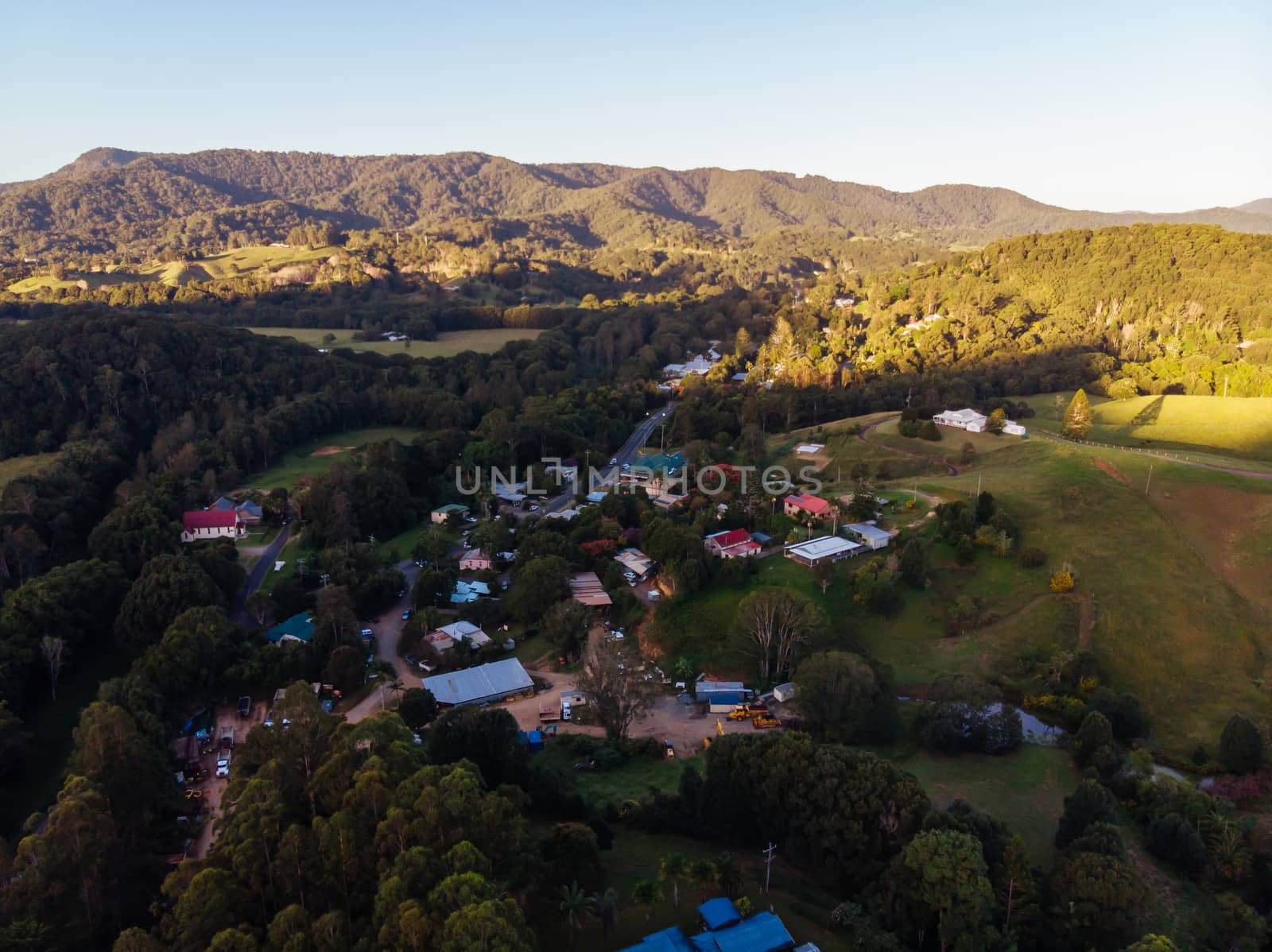 An aerial view at sunset of the rural town of Uki, near Mt Warning in NSW, Australia