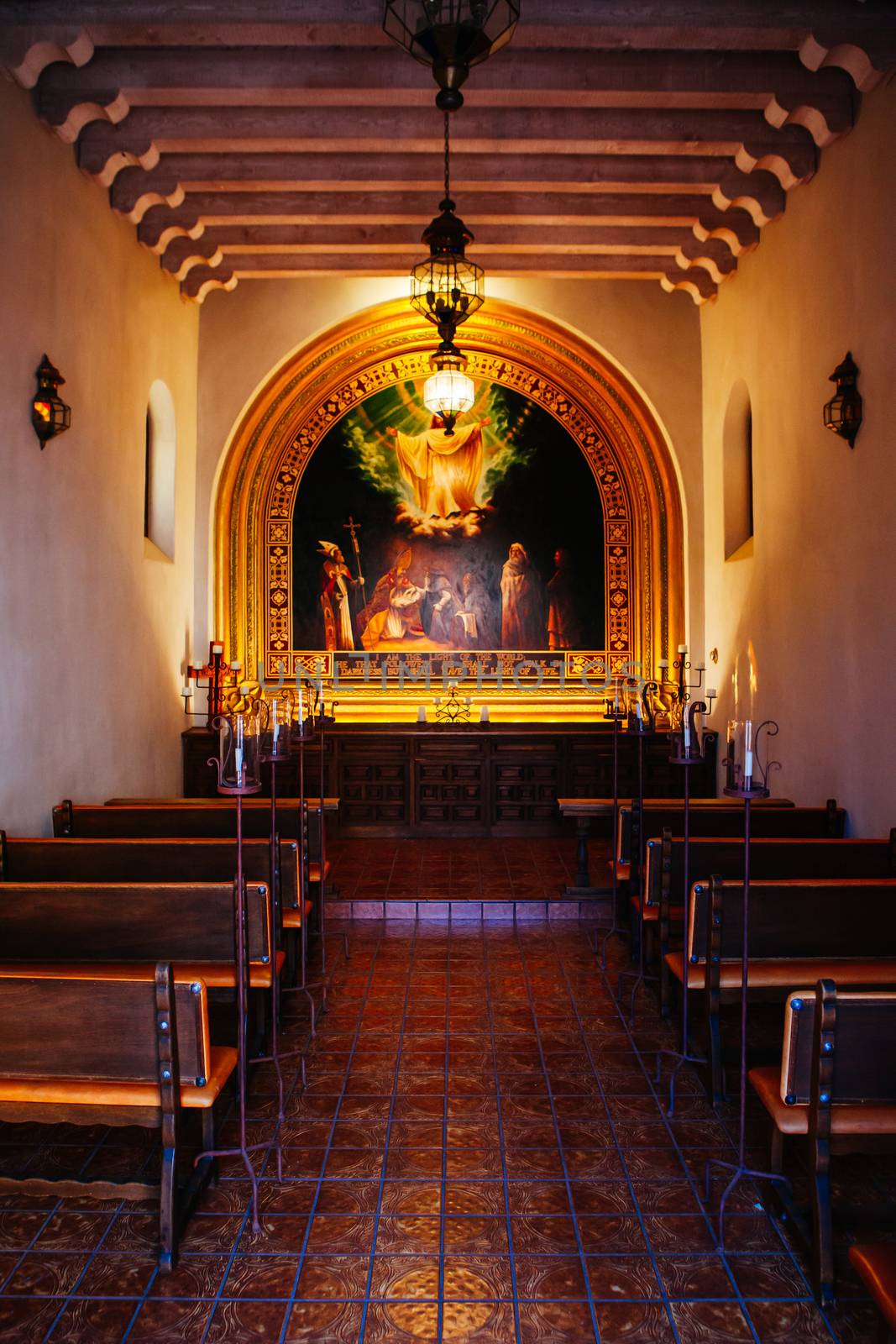 Sedona, USA - February 4 2013: The iconic Tlaquepaque Arts & Crafts Village and church interior with stunning architecture in Sedona, Arizona, USA
