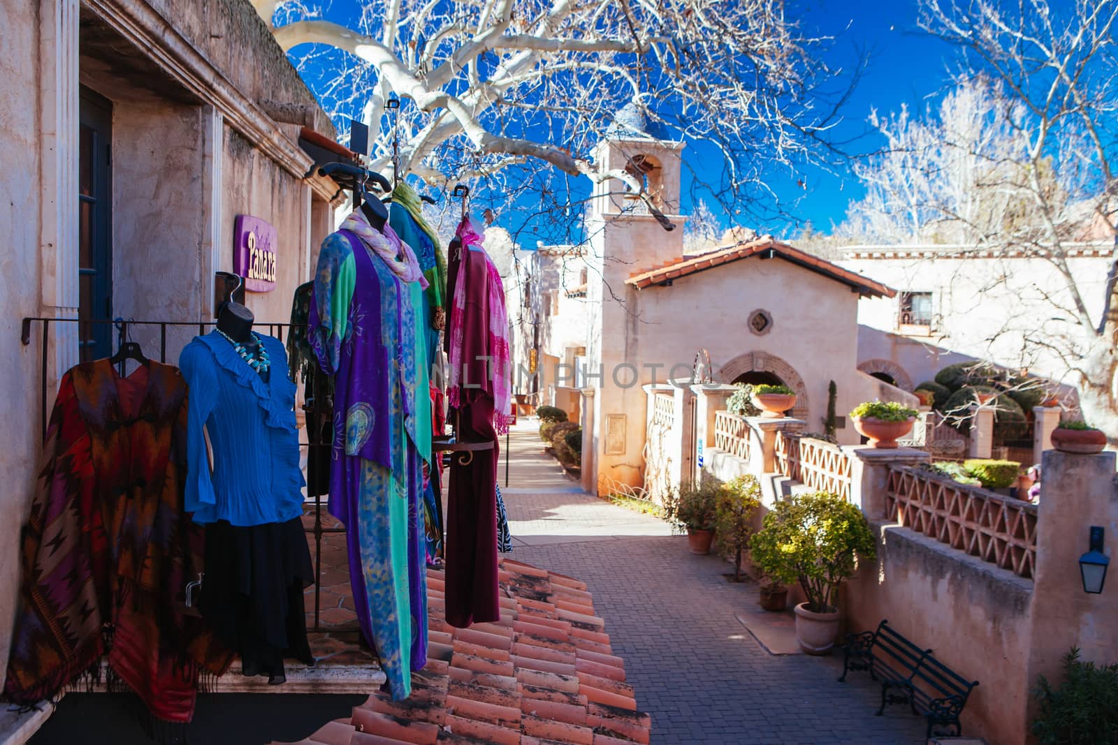 Sedona, USA - February 4 2013: The iconic Tlaquepaque Arts & Crafts Village with stunning architecture in Sedona, Arizona, USA