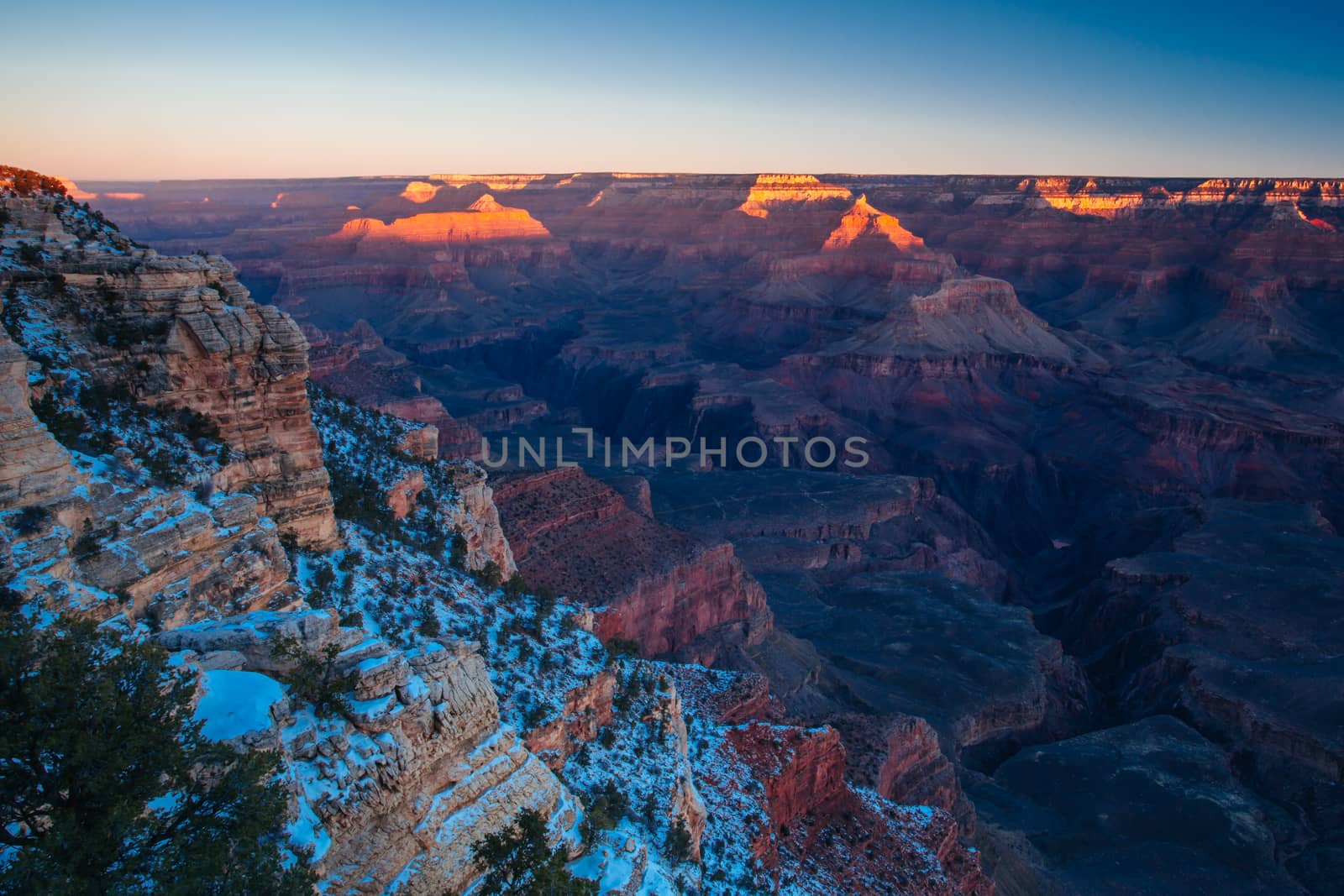 Sunrise views in winter at the South Rim in Grand Canyon, Arizona, USA