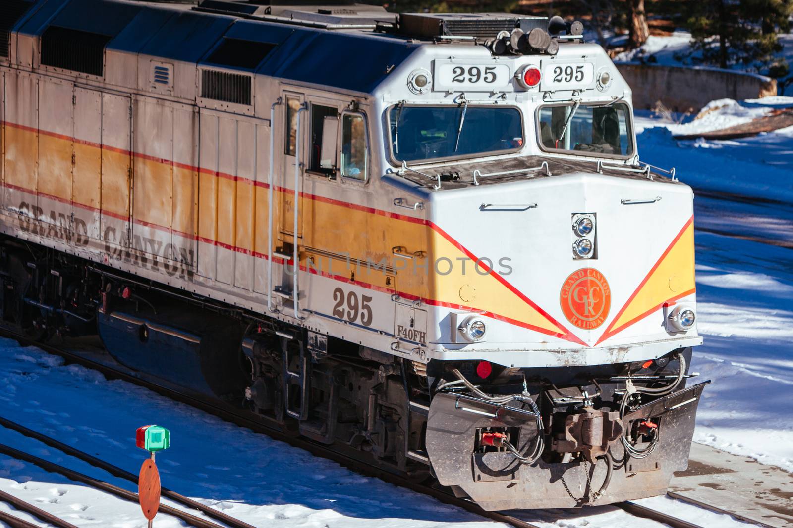 Grand Canyon, USA - February 1st 2013: Grand Canyon Railway train stands ready to leave en route to Williams, Arizona USA