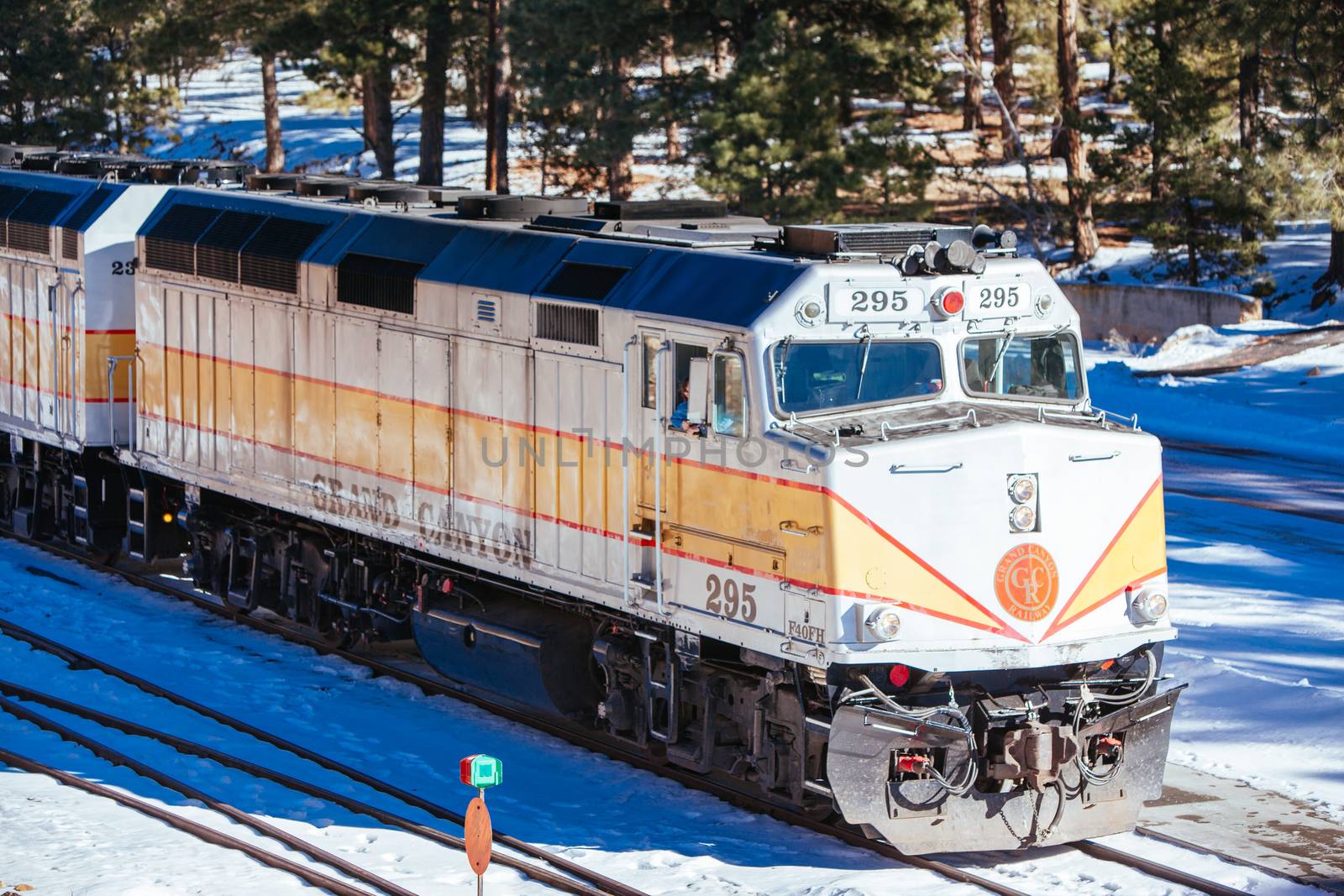 Grand Canyon, USA - February 1st 2013: Grand Canyon Railway train stands ready to leave en route to Williams, Arizona USA