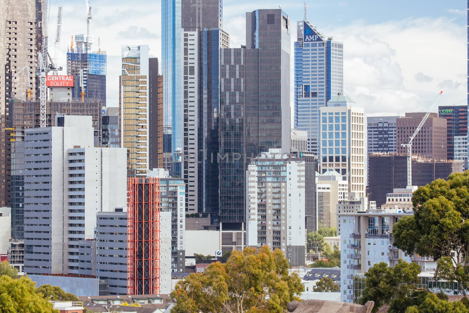 Melbourne, Australia - January 30 - The view from the Shrine of Remembrance towards Melbourne CBD on a hot summer's day on January 30th 2015.