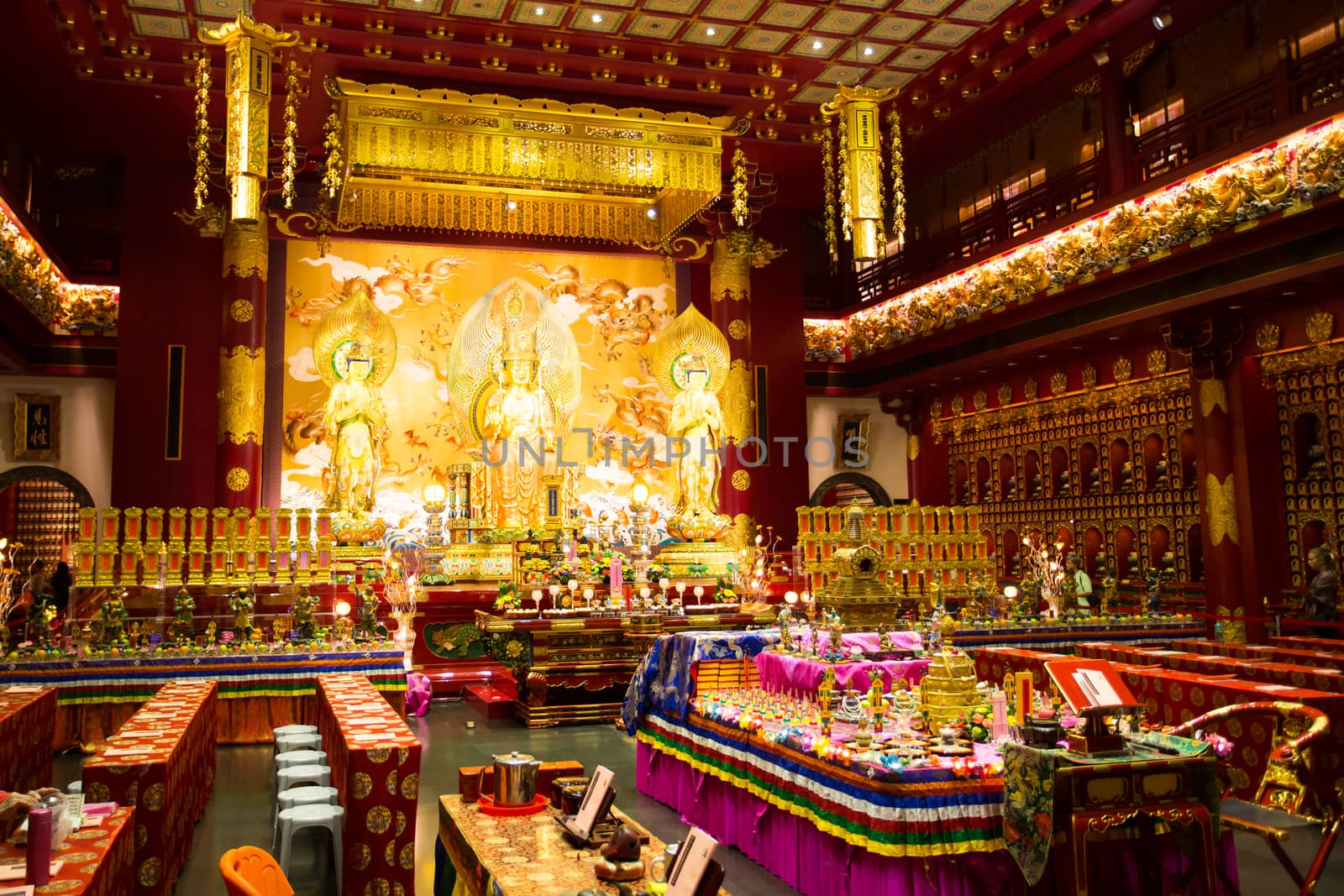 Singapore, June 21 2015: Buddha Tooth Relic Temple interior and details in Chinatown, Singapore