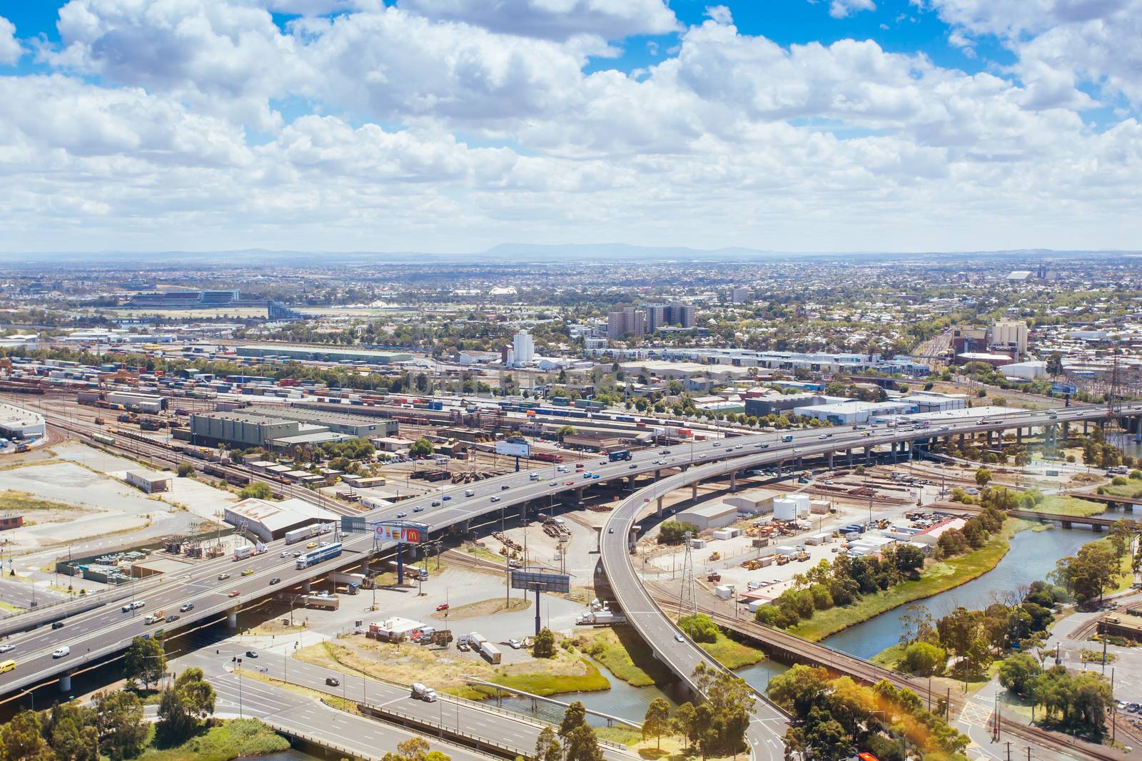 View over Melborune's west and Citylink freeway on a sunny day in Victoria, Australia