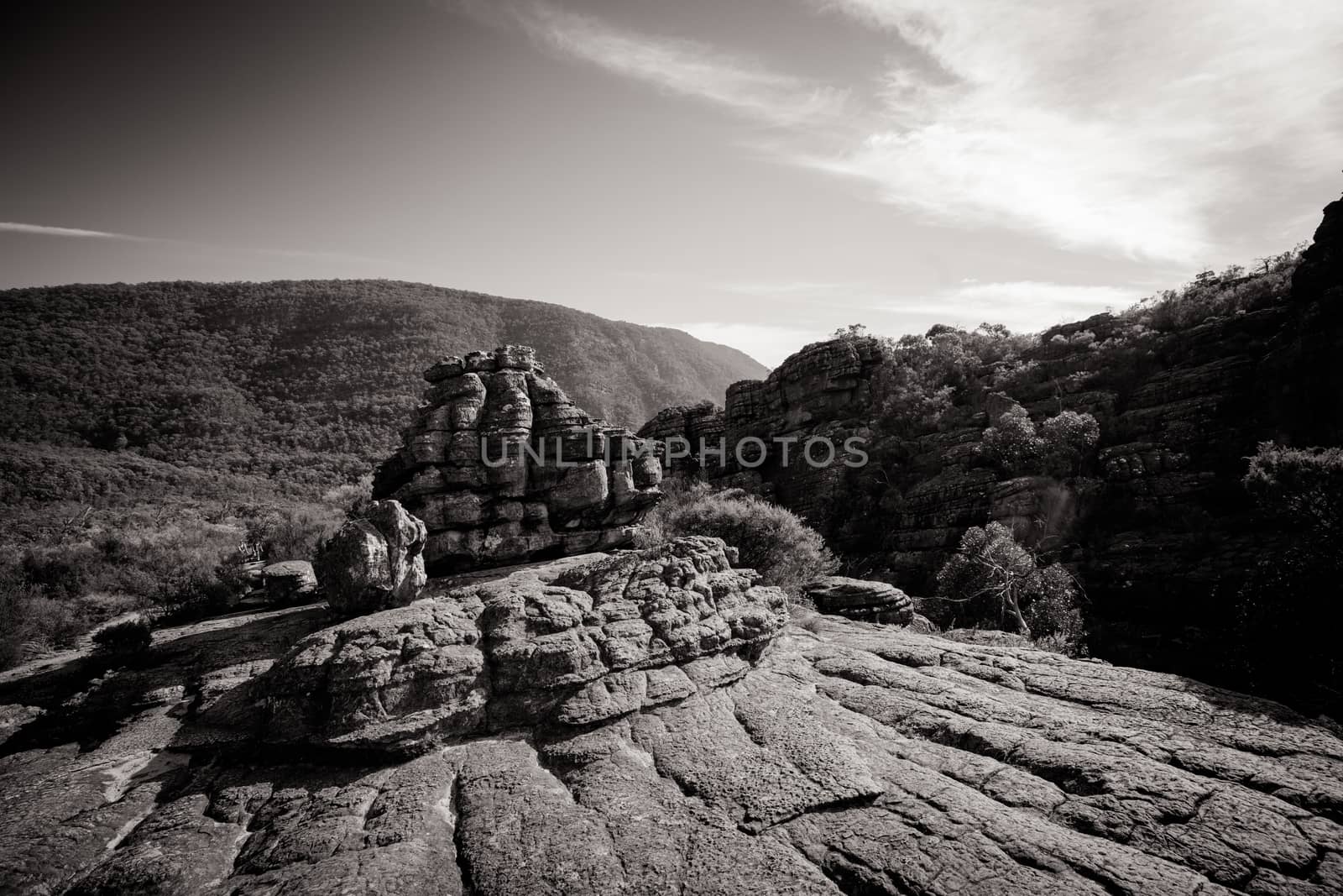 The steep rocky inclines on the famous Wonderland hike towards Pinnacle Lookout near Halls Gap in Victoria, Australia