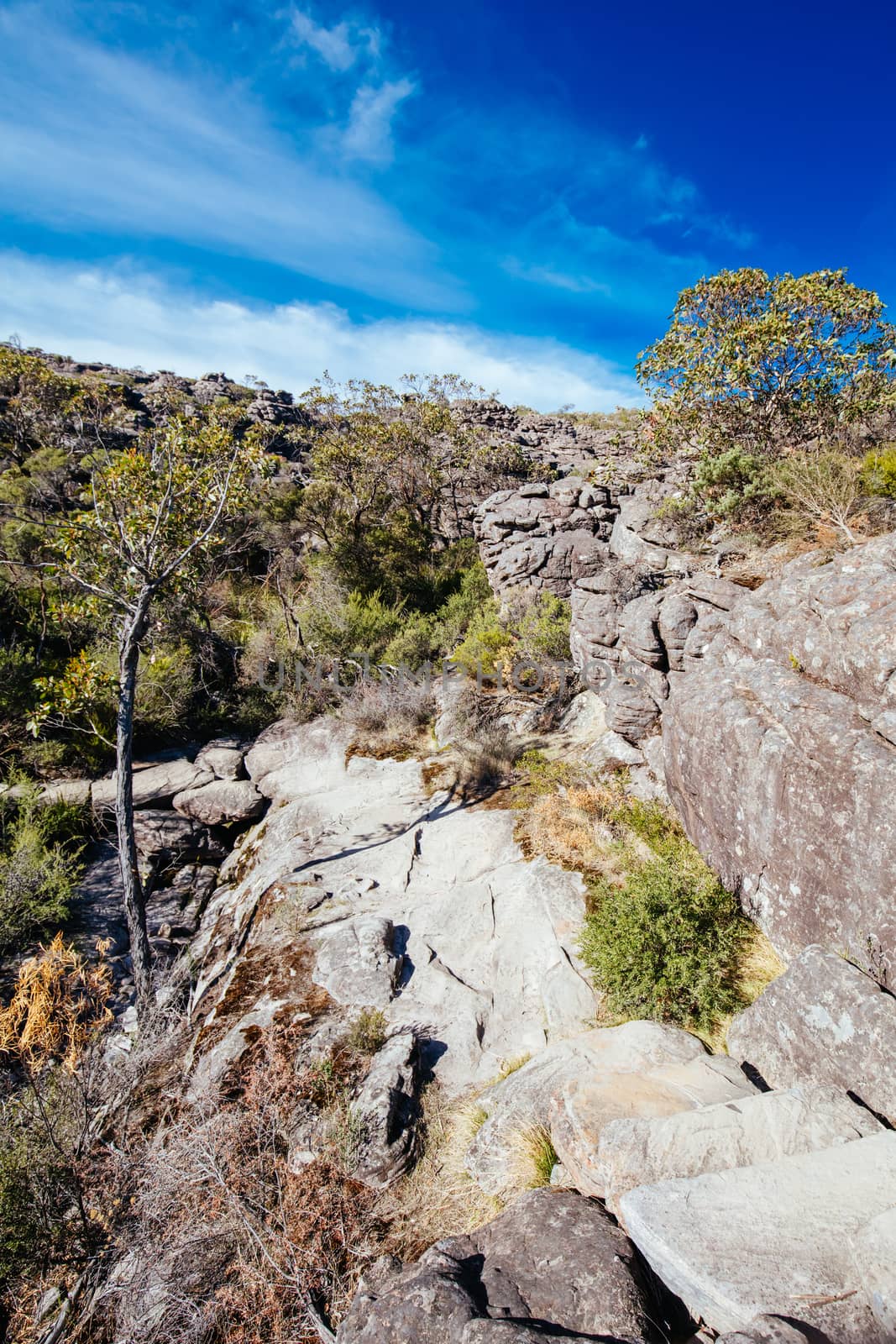 The steep rocky inclines on the famous Wonderland hike towards Pinnacle Lookout near Halls Gap in Victoria, Australia