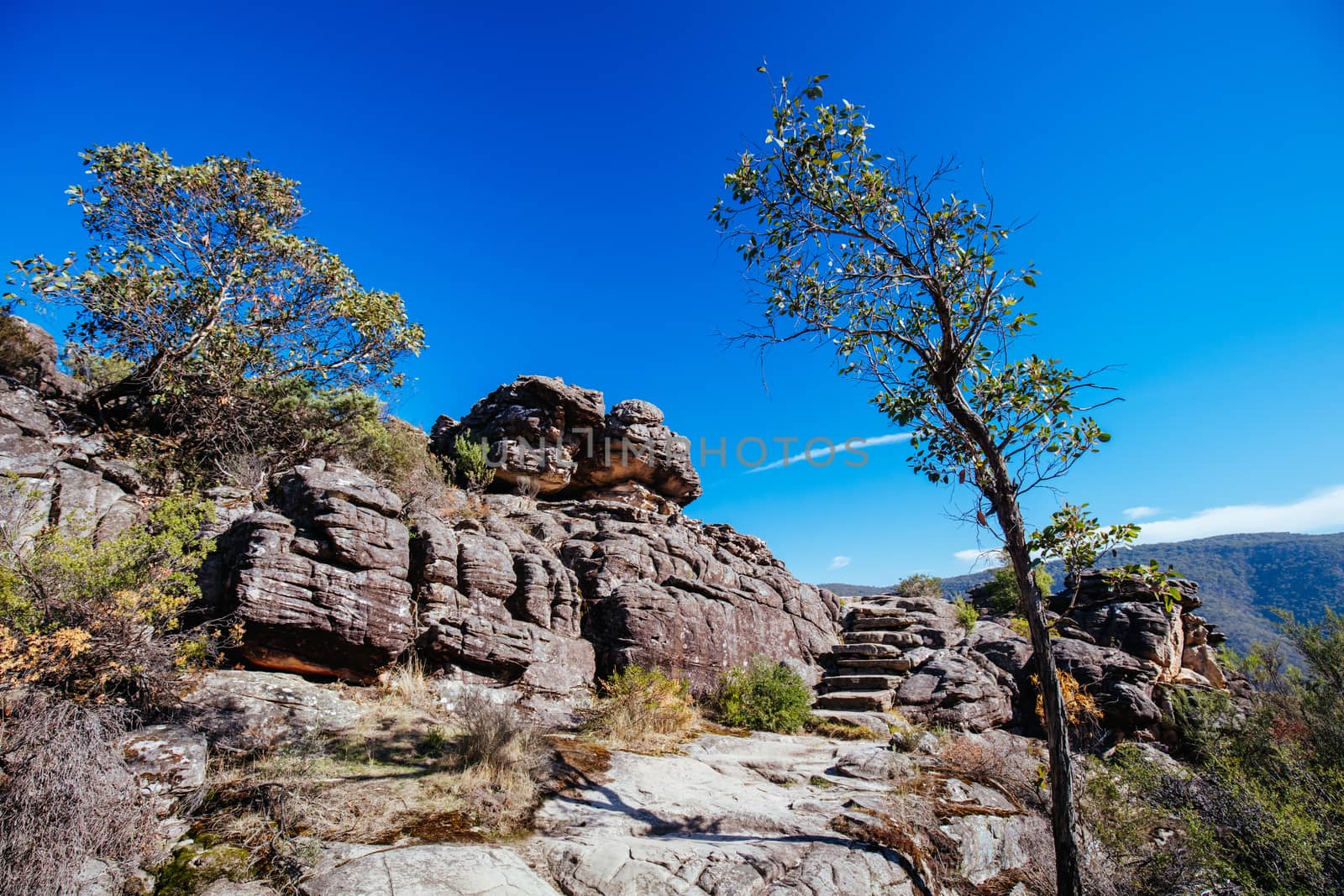 The steep rocky inclines on the famous Wonderland hike towards Pinnacle Lookout near Halls Gap in Victoria, Australia