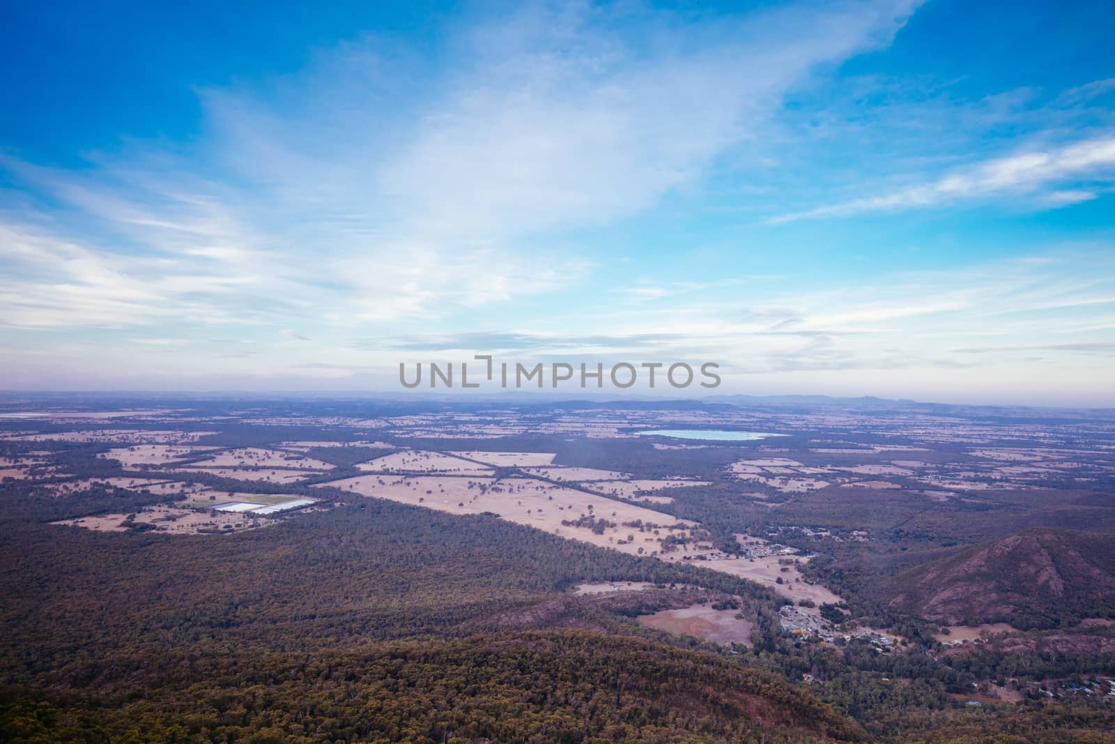 The view at sunset from Boroka Lookout towards Stawell in the Grampians, Victoria, Australia