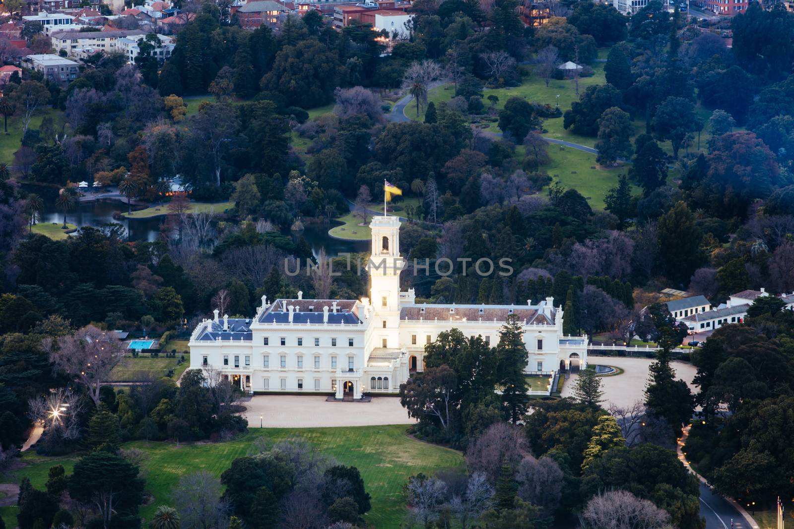 MELBOURNE, AUSTRALIA - AUGUST 15: View at sunrise over Melbourne and Government House in Victoria, Australia