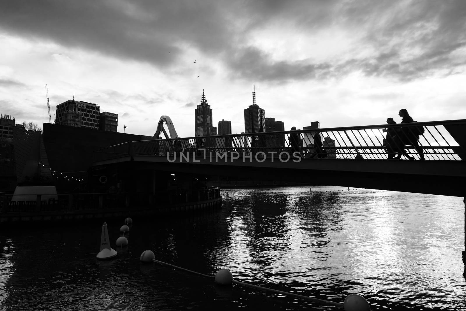 MELBOURNE, AUSTRALIA- AUGUST 15 2018 - The Melbourne skyline from Southbank and Princes St Bridge on a cool winter's morning