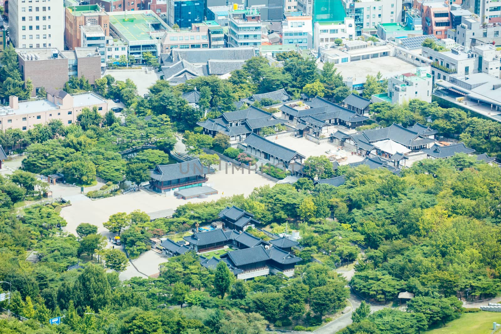 A view of Namsangol Hanok Village from Namsan Tower in Namsan Park in Seoul, South Korea