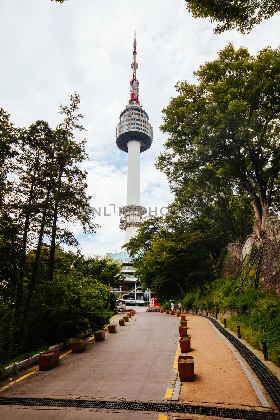 SEOUL, SOUTH KOREA - AUGUST 25, 2018: Tower and attached buildings at N Seoul Tower, Namsan Park. South Korea.