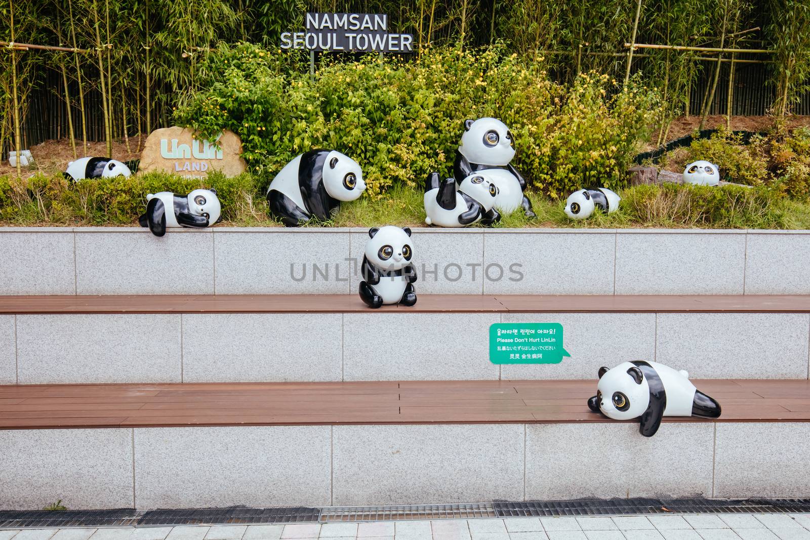 SEOUL, SOUTH KOREA - AUGUST 25, 2018: Panda mascots at N Seoul Tower, Namsan Park. South Korea.