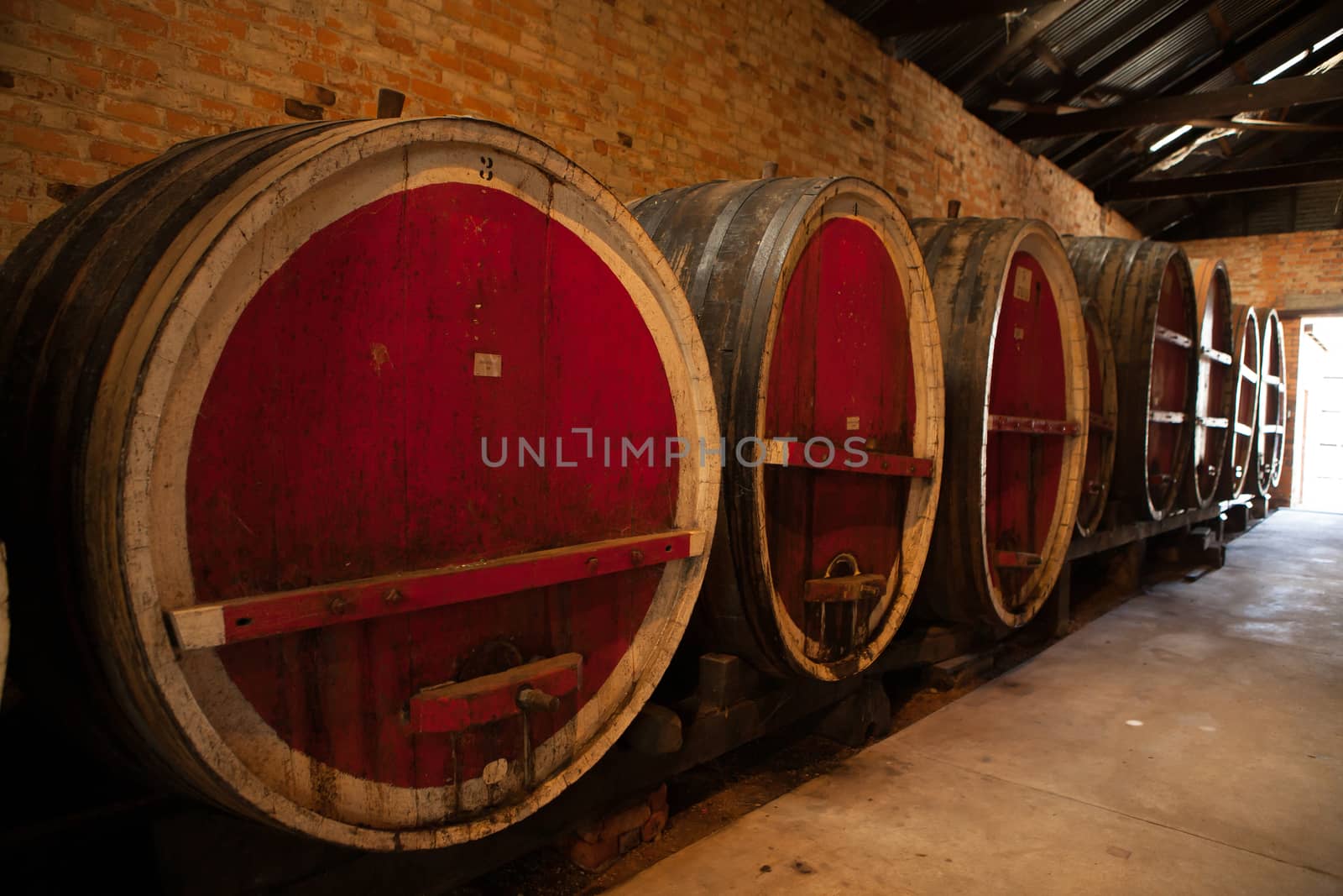 Wine barrels aging wine in Rutherglen, Victoria, Australia