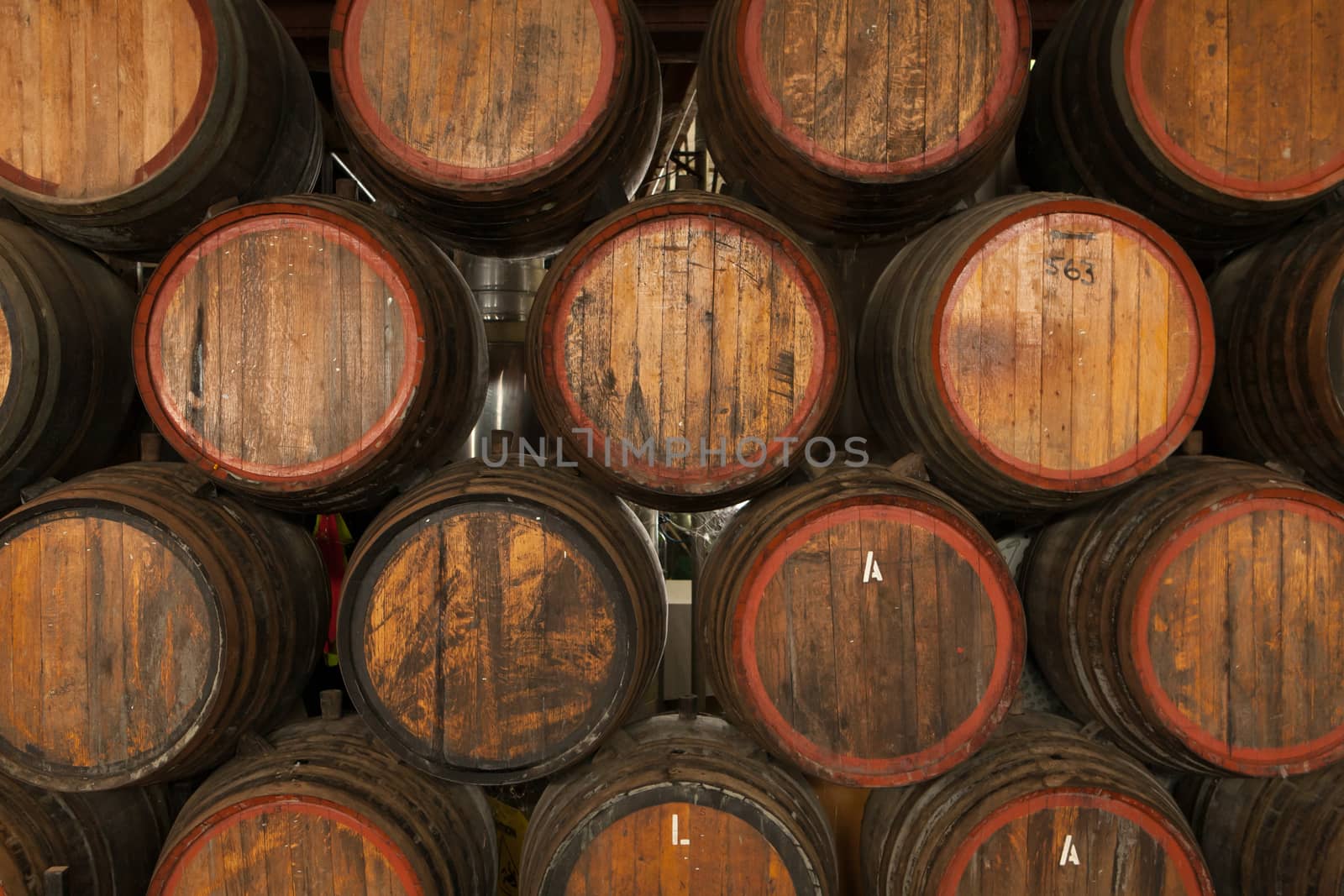 Wine barrels aging wine in Rutherglen, Victoria, Australia