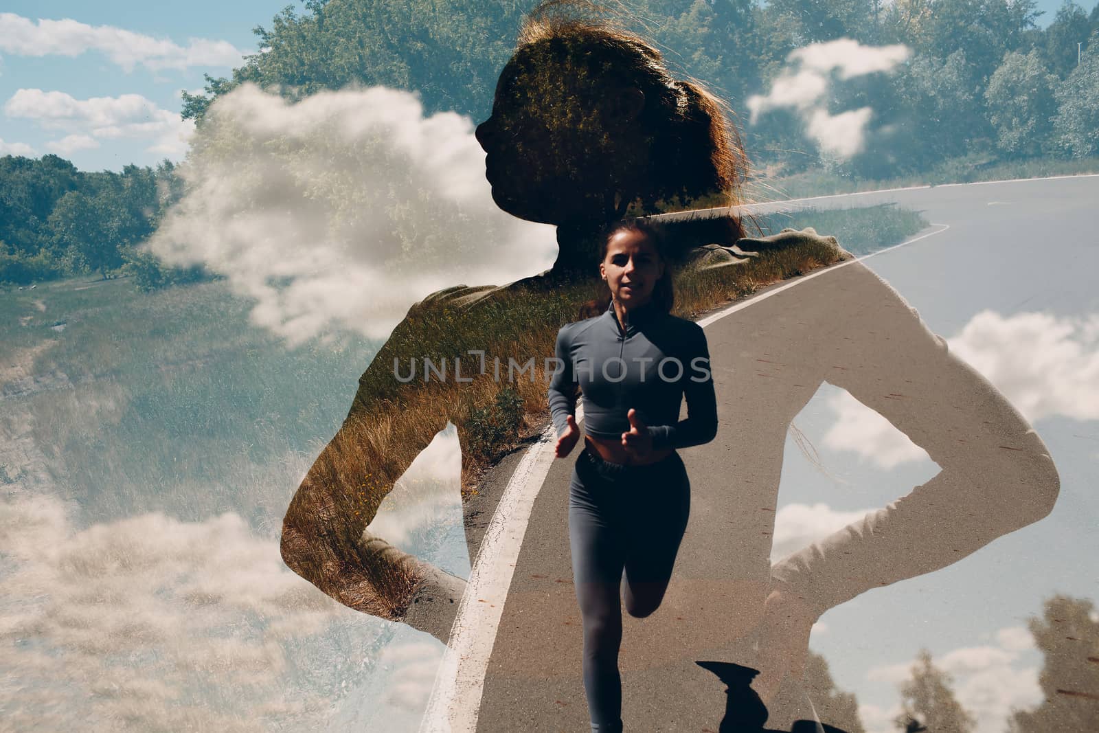 Running girl in city park. Young woman runner outdoor jogging. In-camera multiple exposure image. by primipil