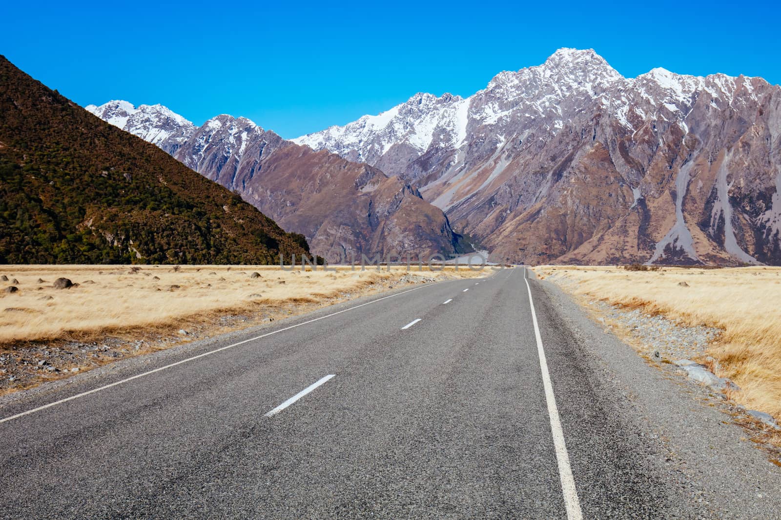 The road towards Tasman Glacier near Mt Cook in New Zealand