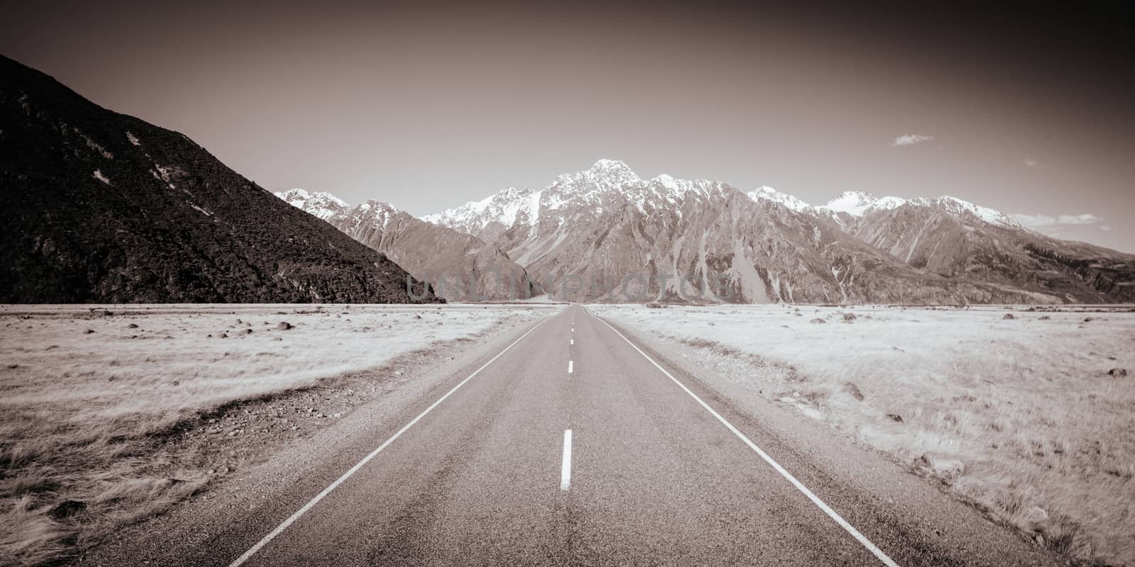 The road towards Tasman Glacier near Mt Cook in New Zealand
