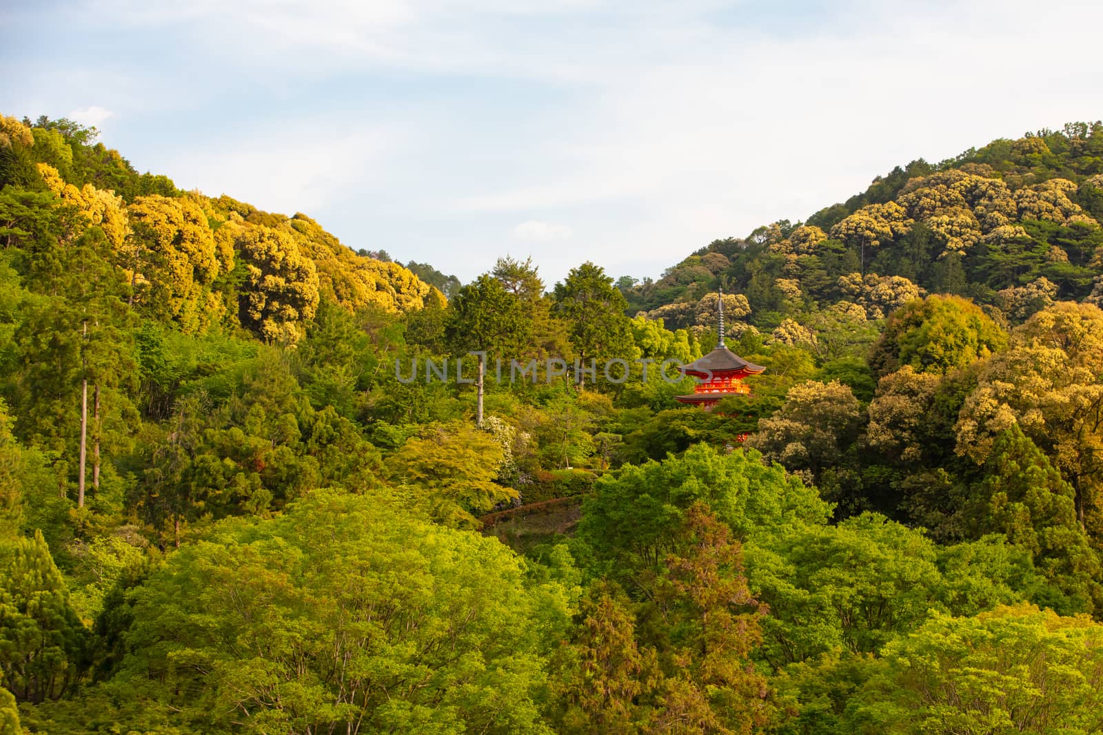 The iconic Kiyomizu-dera temple and mountain view on a sunny spring day in Kyoto, Japan