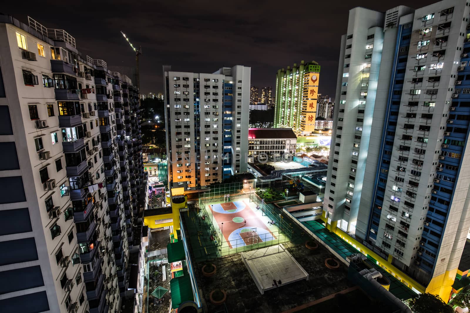 Gritty urban Chinatown view in Singapore at night