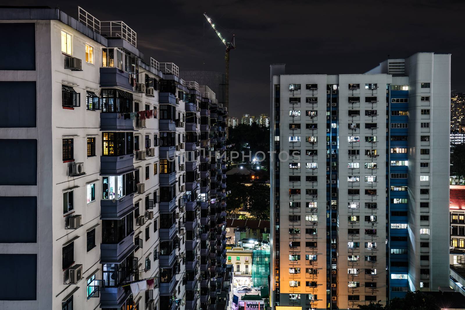 Gritty urban Chinatown view in Singapore at night