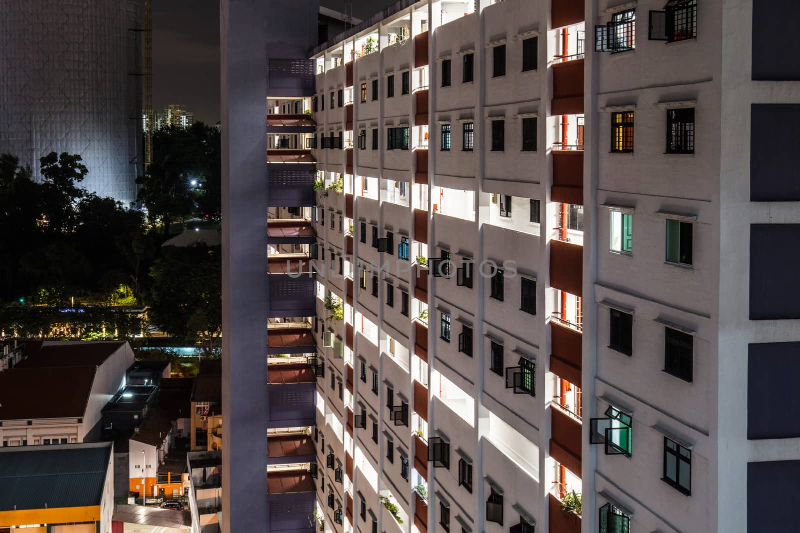 Gritty urban Chinatown view in Singapore at night
