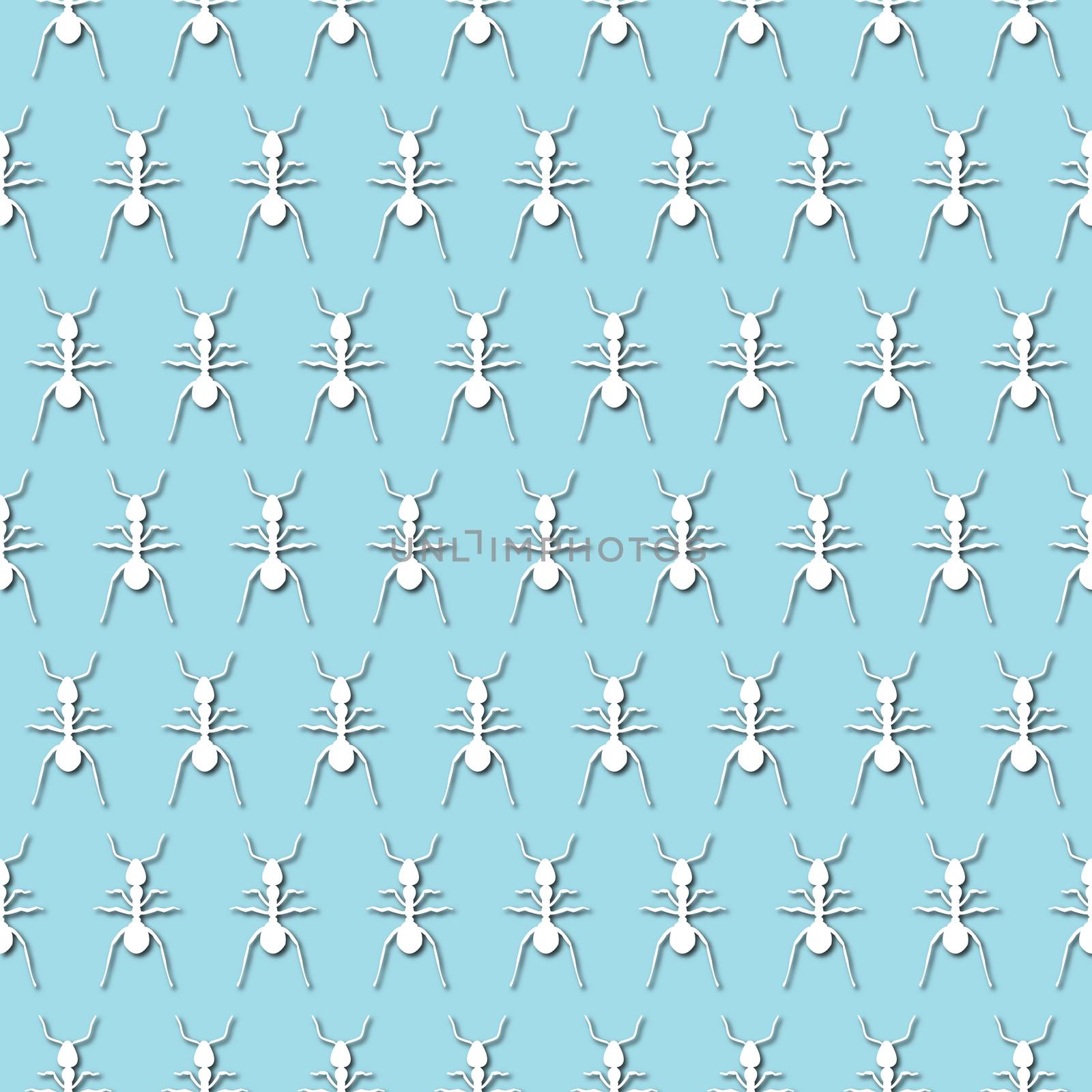 White ant, emmet, pismire silhouette on pale blue background, seamless pattern. Paper cut style by Pashchenko