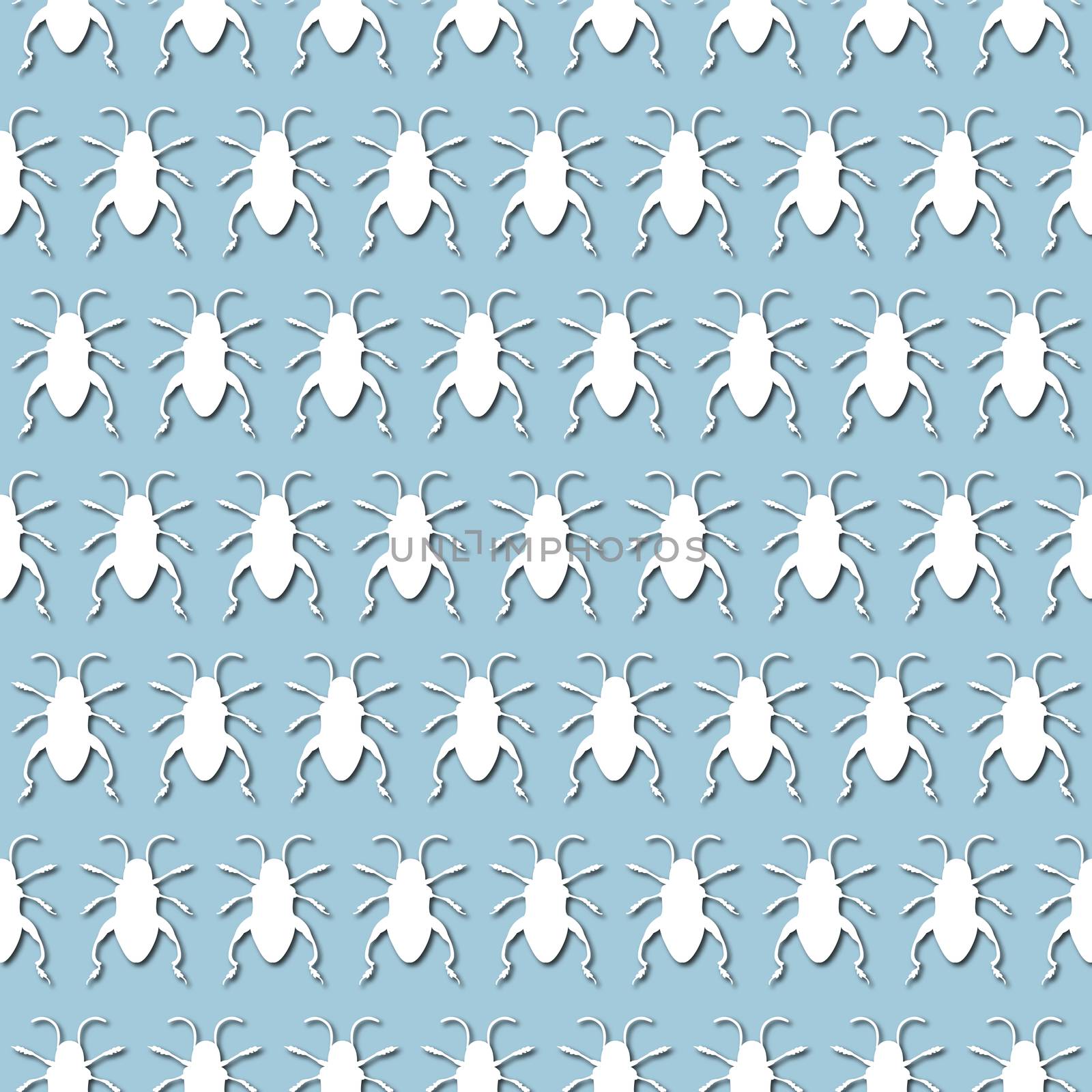 White bug, beetle silhouette on pale blue background, seamless pattern. Paper cut style by Pashchenko