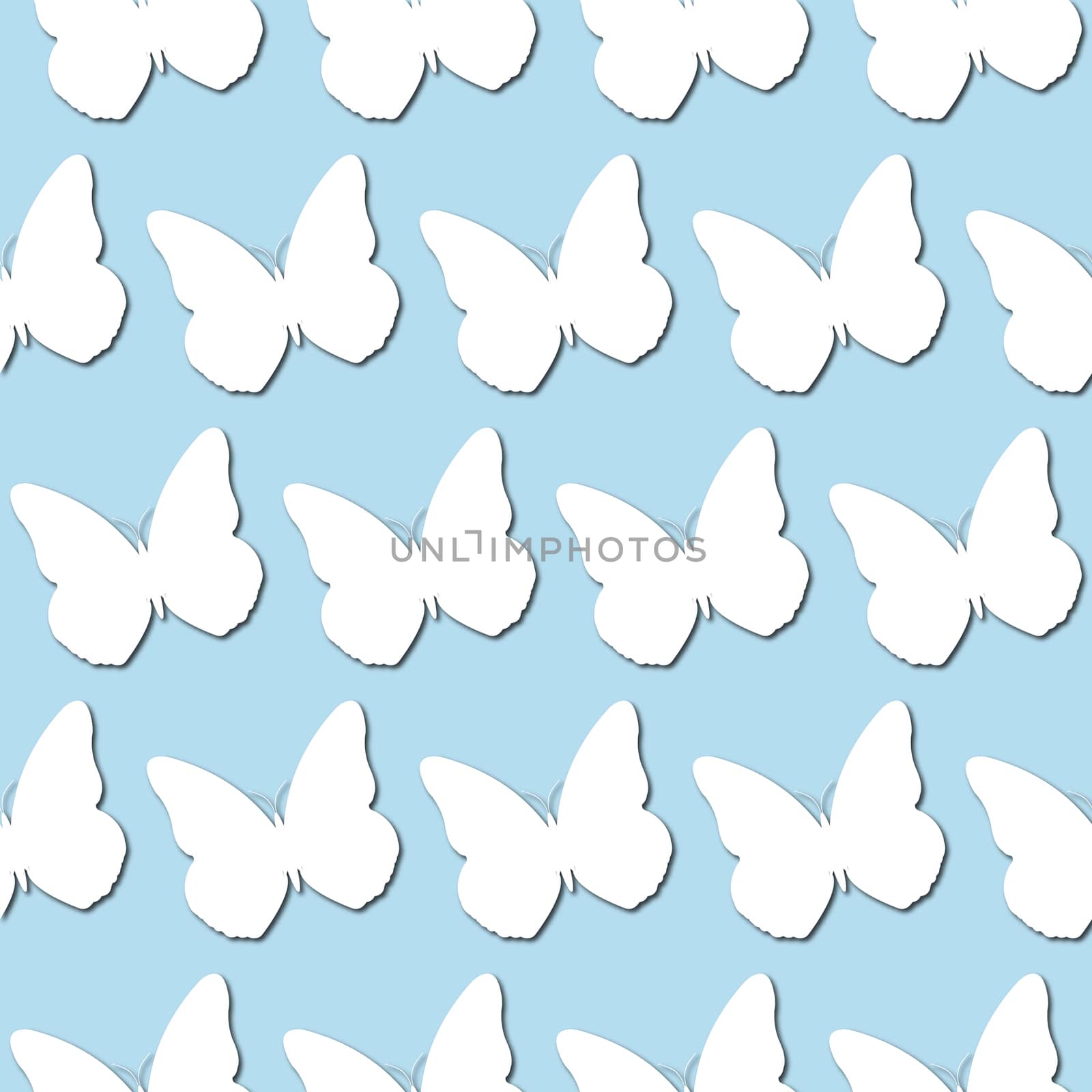 White butterfly silhouette on pale blue background, seamless pattern. Paper cut style with drop shadows and highlights.
