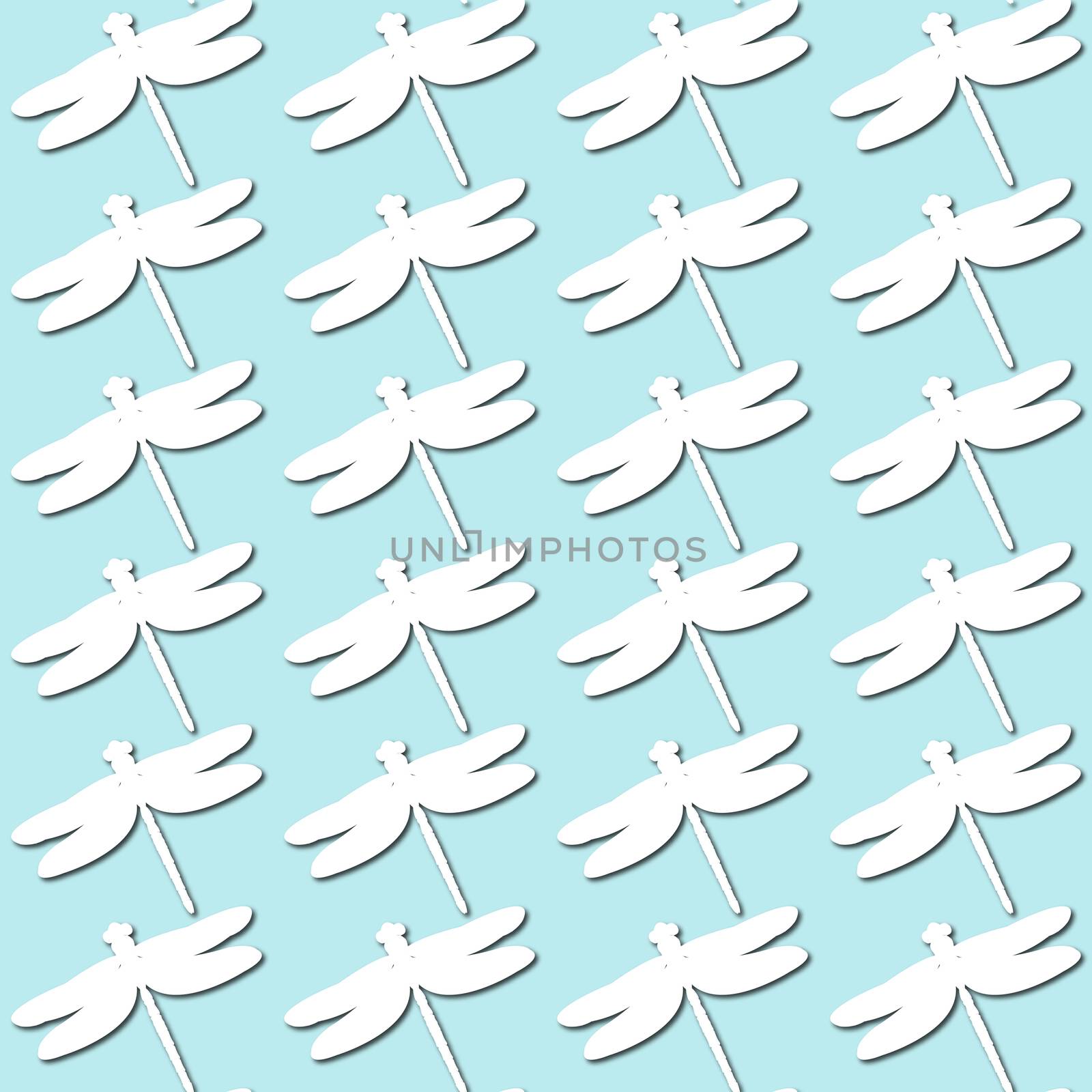 White dragonfly silhouette on pale blue background, seamless pattern. Paper cut style by Pashchenko