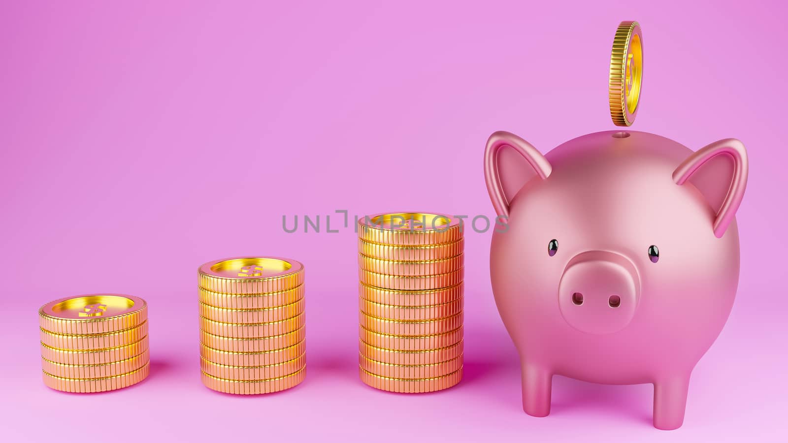3D rendered image of a metallic pink piggy bank and gold coins on pink background.