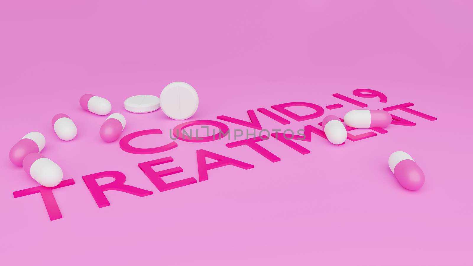 3D rendered illustration of words covid-19 treatment , pink and white capsules and white tablets.