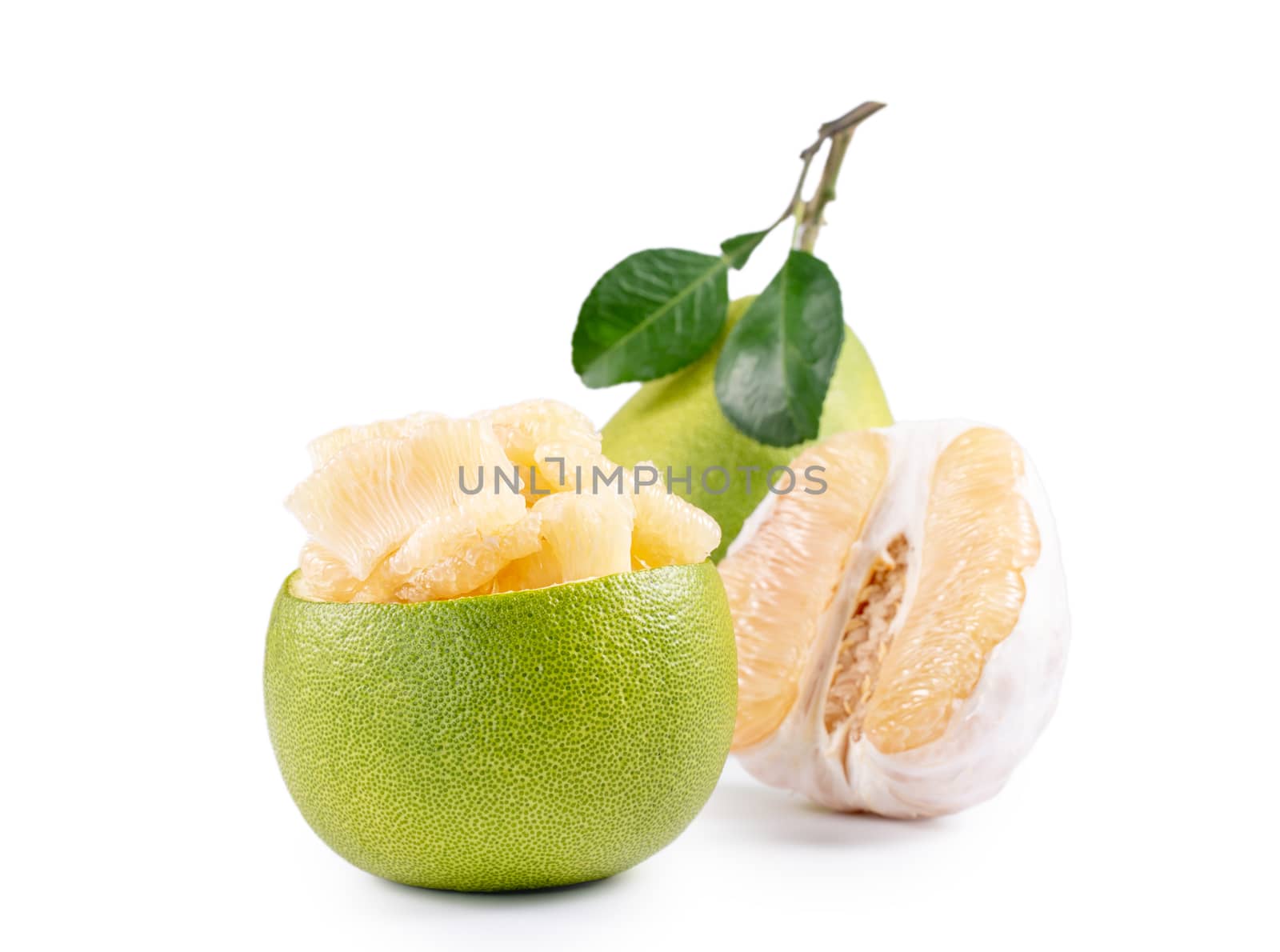 Fresh pomelo, pummelo, grapefruit, shaddock isolated on white background, close up, cut out, clipping path. Fruit for Mid-autumn festival.