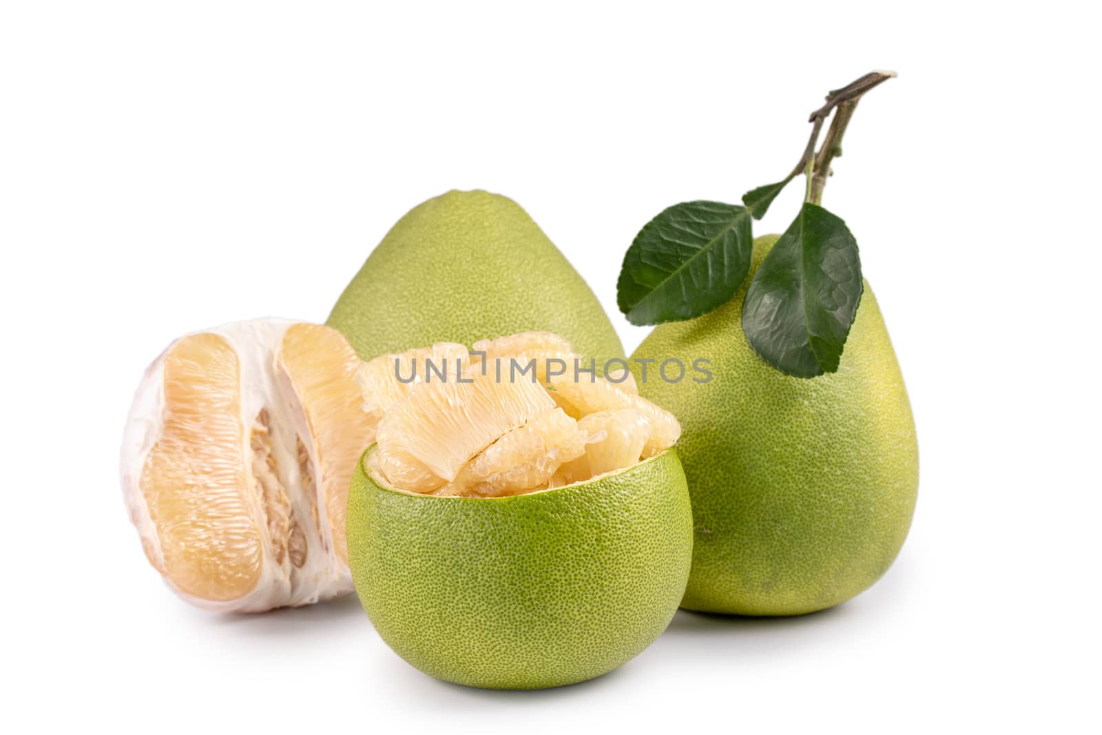 Fresh pomelo, pummelo, grapefruit, shaddock isolated on white background, close up, cut out, clipping path. Fruit for Mid-autumn festival.