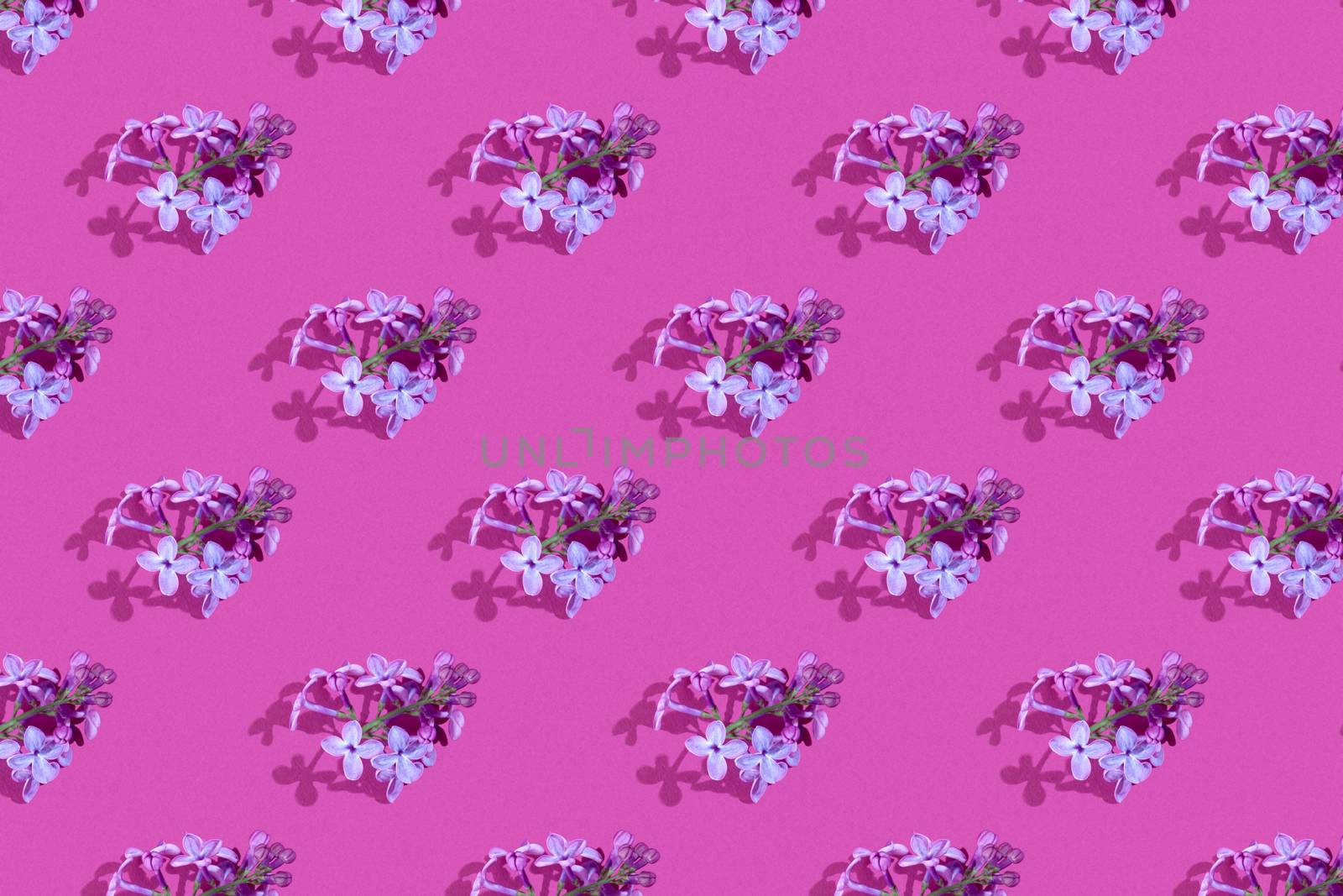 Trendy isometric Seamless continuous pattern with spring lilac flowers. Minimalist concept. Space for text by polyats
