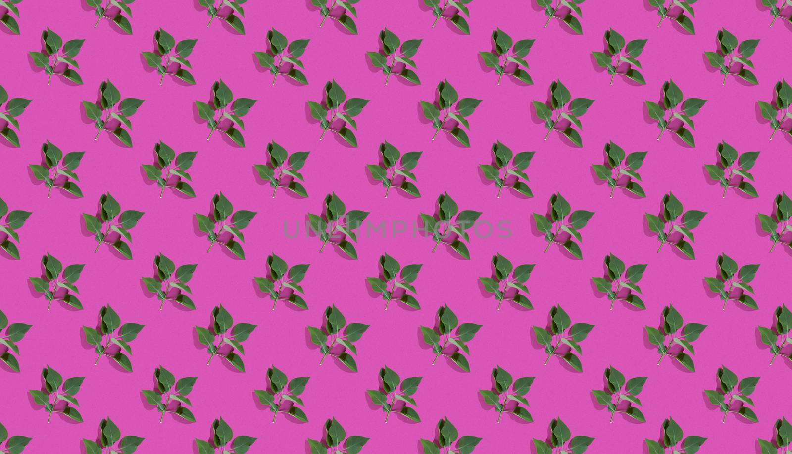 Trendy isometric Seamless continuous pattern with spring lilac green leaf. Minimalist concept on pink background. Space for text
