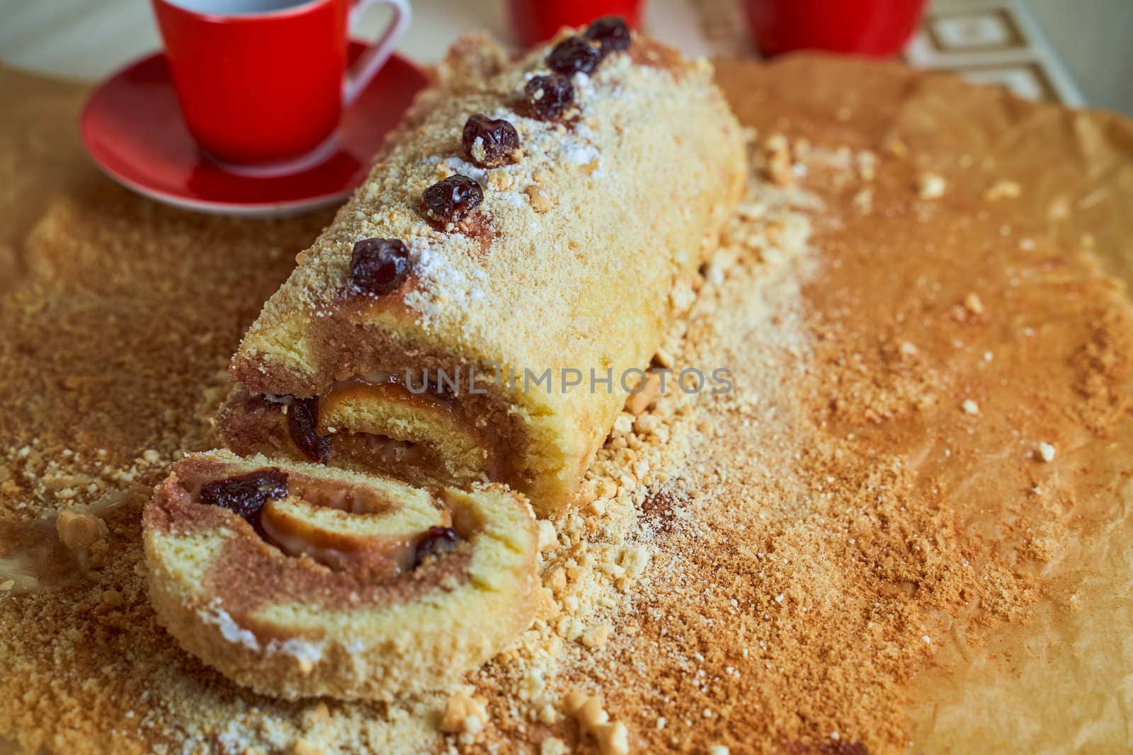 Homemade biscuit roll on parchment. High quality photo