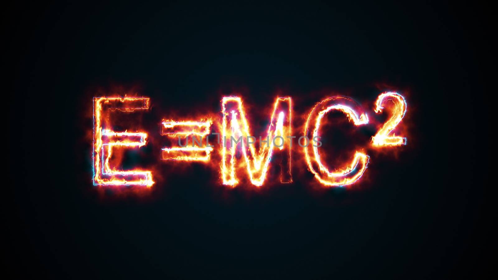 Burning inscription E mc2, computer generated. 3d rendering of Albert Einsteins physical formula. Scientific graphic backdrop