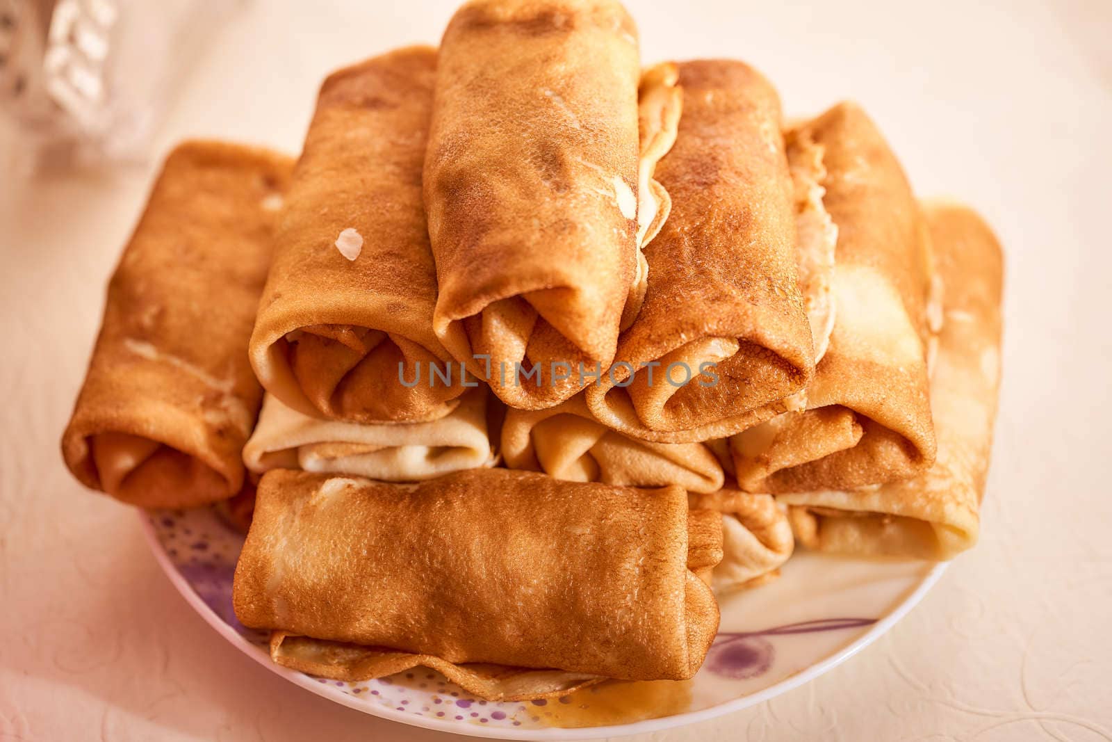 Homemade flour pancakes in a white plate. High quality photo